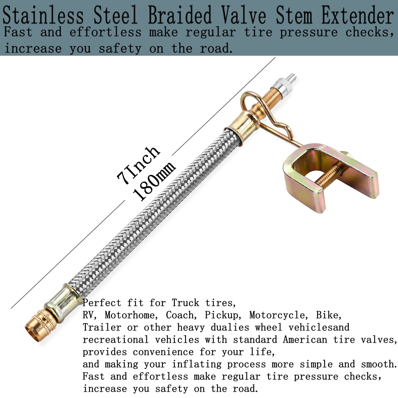 Aracey Valve Stem Extenders - 4 Pack 7" Stainless Steel Braided, 45/90/135° Brass Adaptors for Cars, Trucks, RVs, Motorhomes