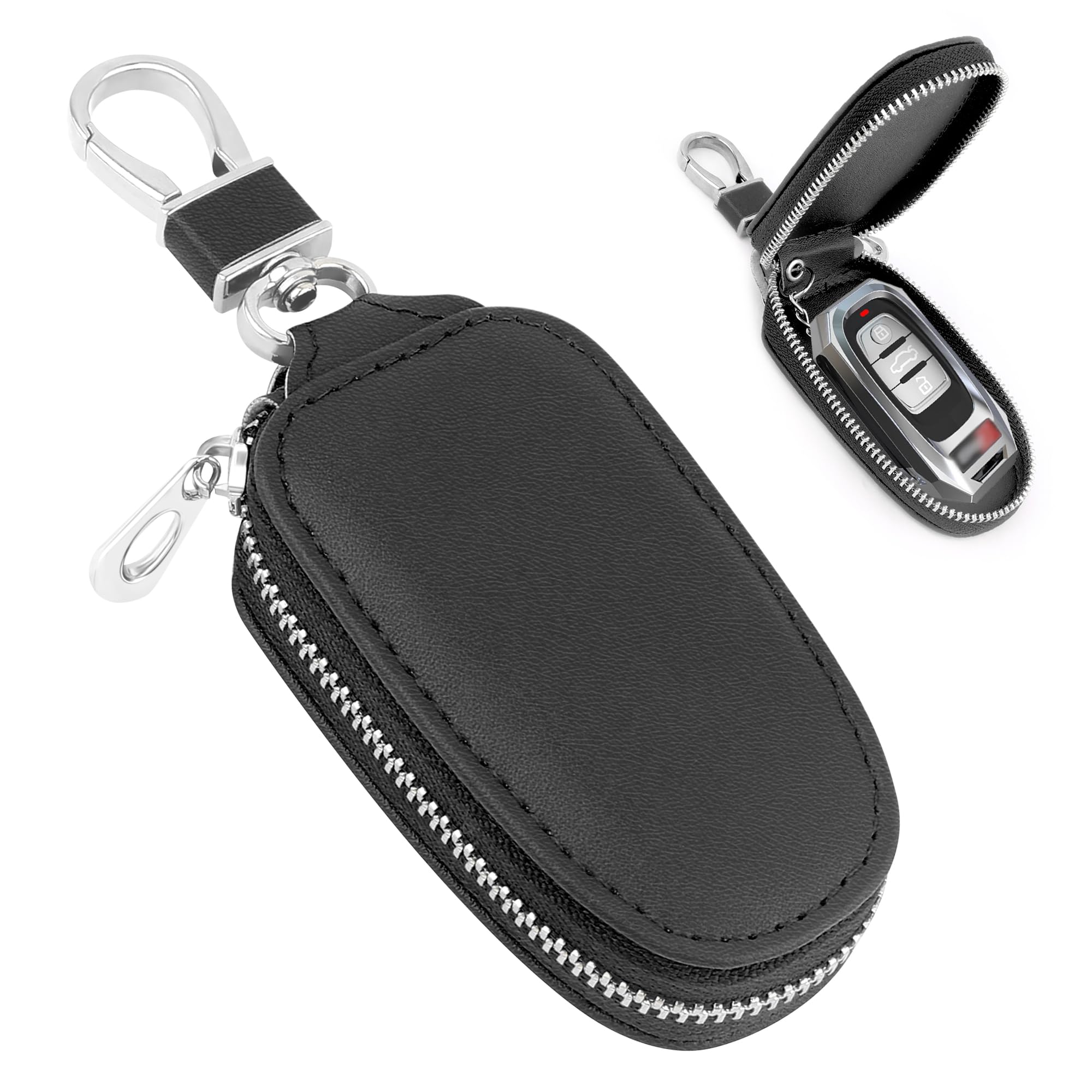 SSNNUU Stylish PU Leather Car Key Fob Protector with Zipper & Keychain,Universal Car Key Case Car Key Holder for SUV Truck (Blac