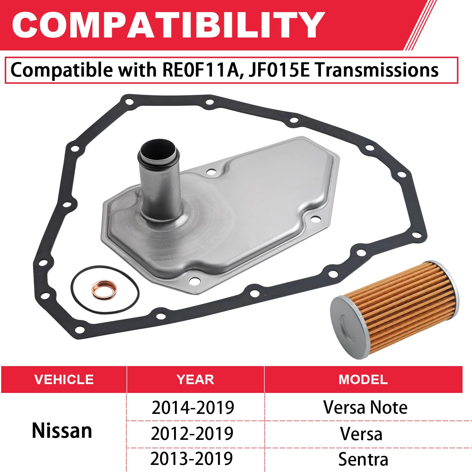 Fitede RE0F11A JF015E Transmission Filter Oil Pan Gasket Kit Fits for 2012-2019 Nissan Versa Sentra Versa Note Replaces# 33010-J