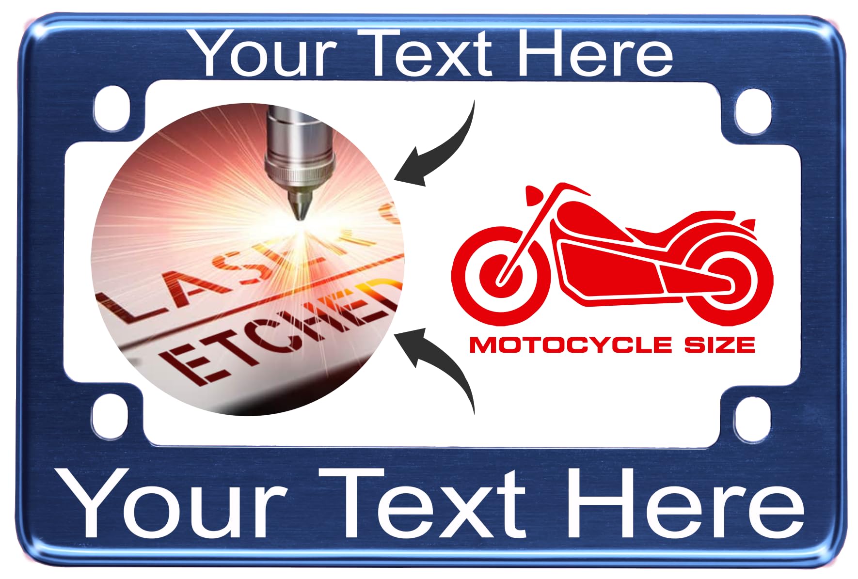 Motorcycle Personalized With Custom Text Design - Anodized Aluminum Laser Etched Standard Size License Plate Frame - Blue