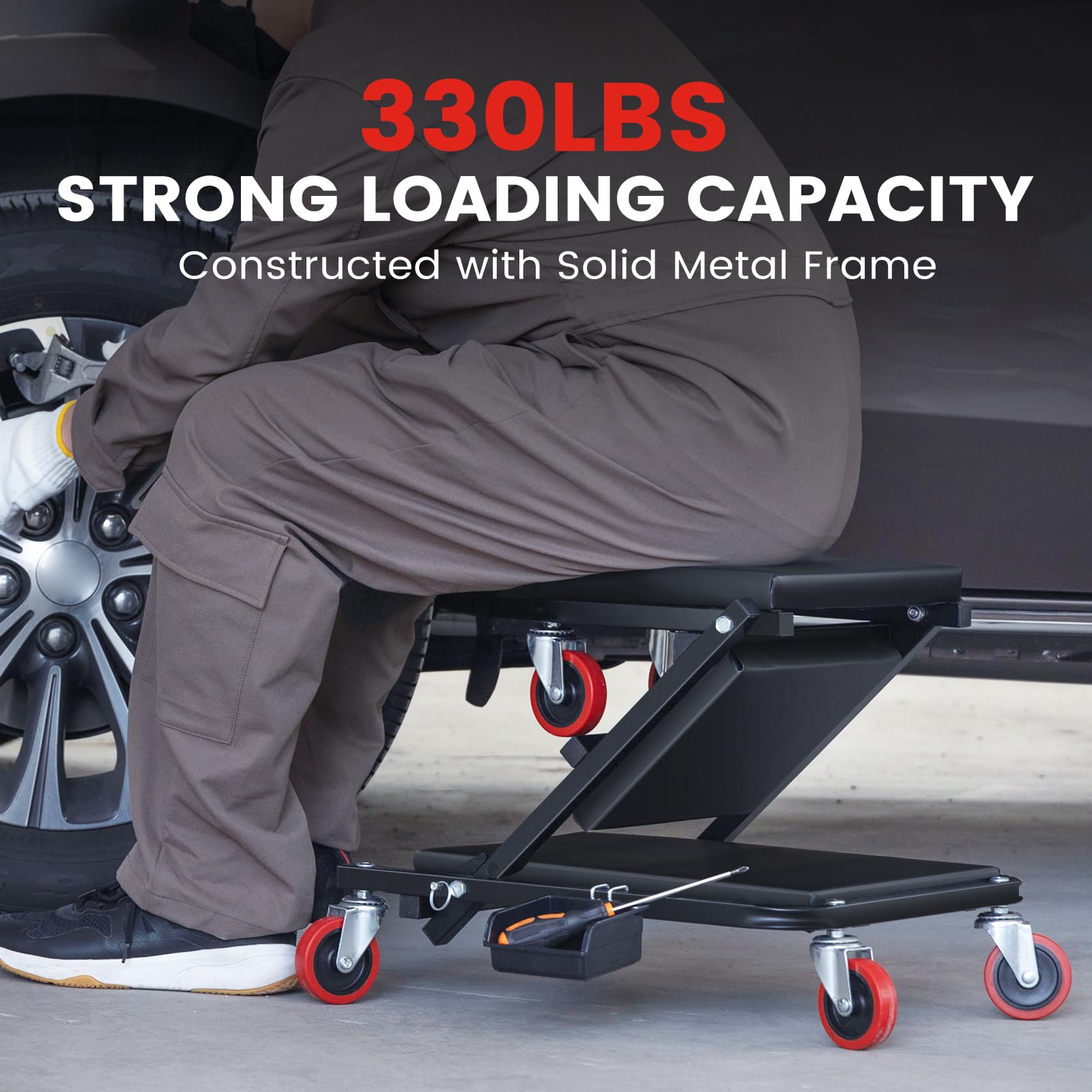 KROAK Creeper, 36 Inches 2 in 1 Z Creeper Seat 330 lbs Capacity Garage Chair Adjustable Rolling Folding Car Creeper with 6 pcs W