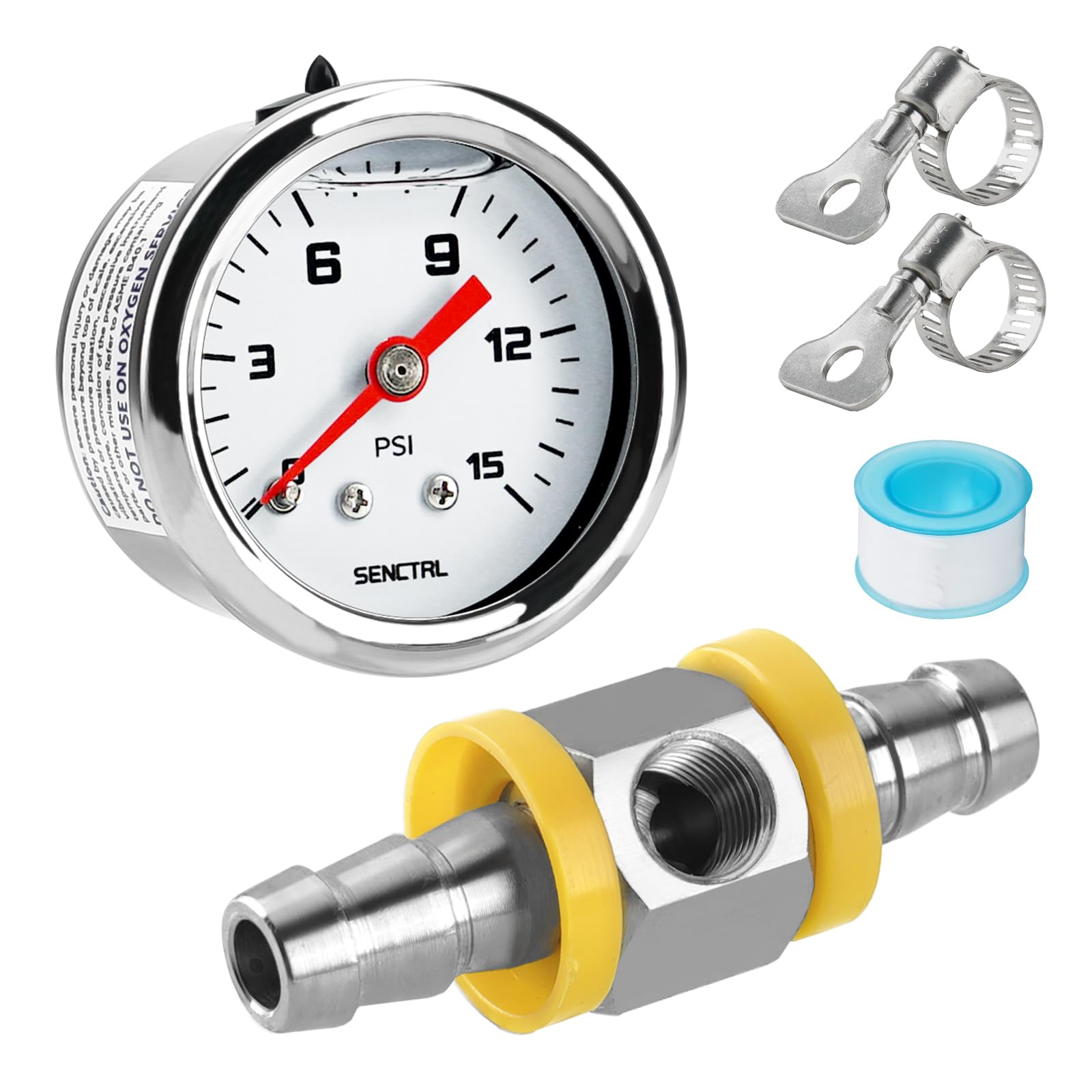 SENCTRL 0-15 PSI Fuel Pressure Gauge Kit with 3/8 Stainless Steel Fuel Line Futtings, Inline Low Pressure, Glycerin Filled, 1.5 