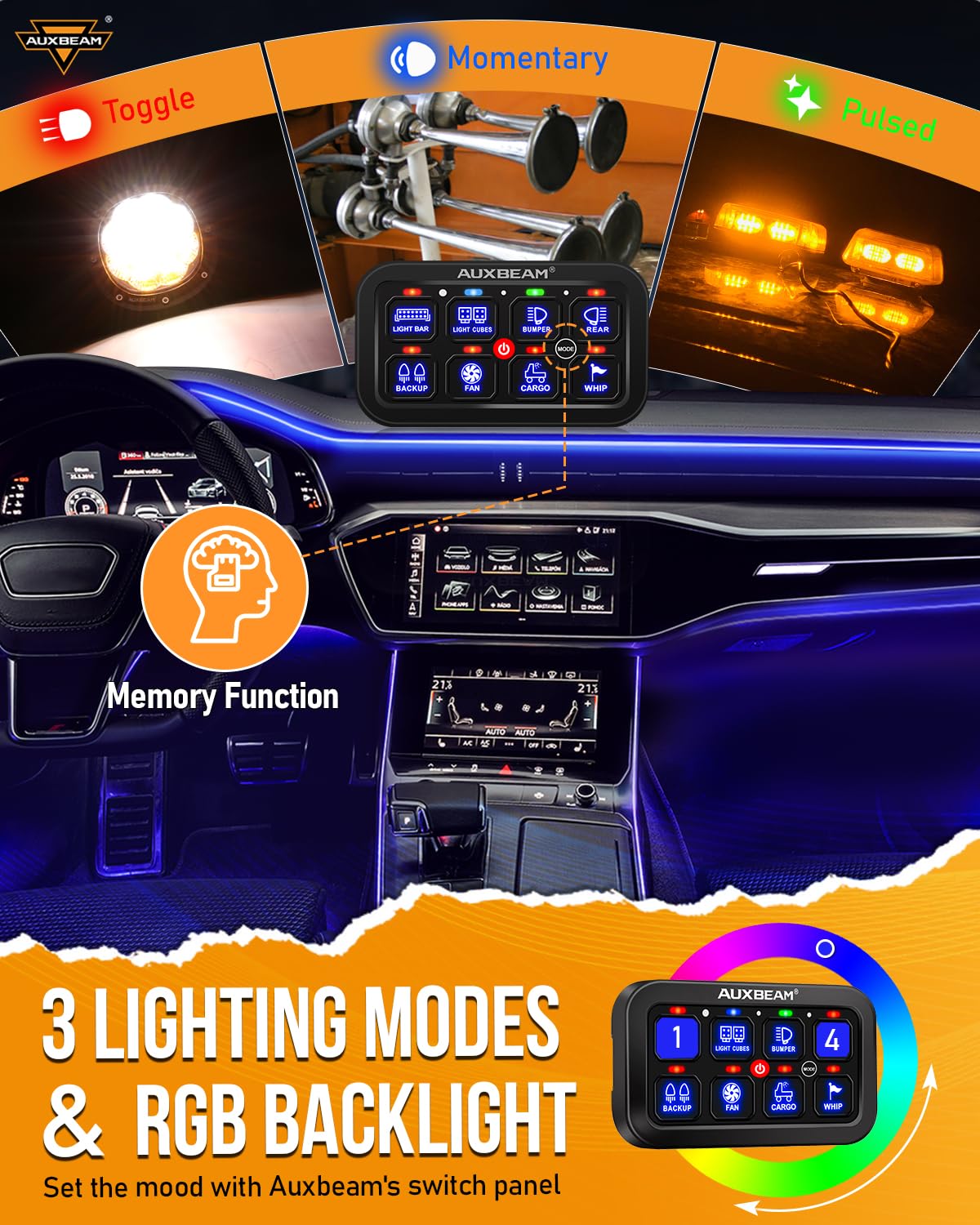 Auxbeam Switch Panel Rb80 Rgb 8 Gang Switch Panel Auto-Dimmable Multifunction Switch Panel W/Momentary Toggle Pulsed Memory, Alu