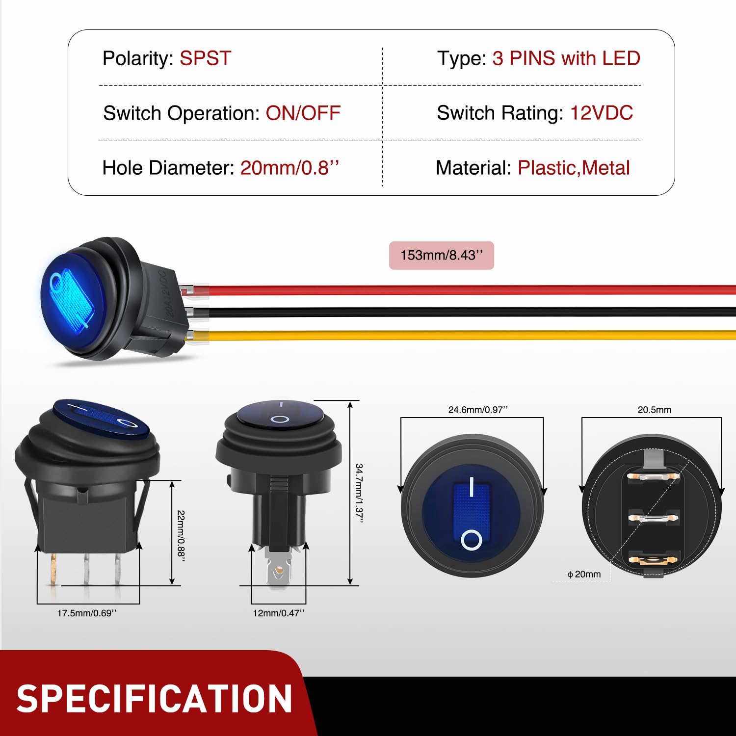Nilight 5Pcs Waterproof Round Rocker Toggle Green Red Blue Yellow Led Switch 12V 20A 3 Pin On Off Spst For Car Truck Boat Marine