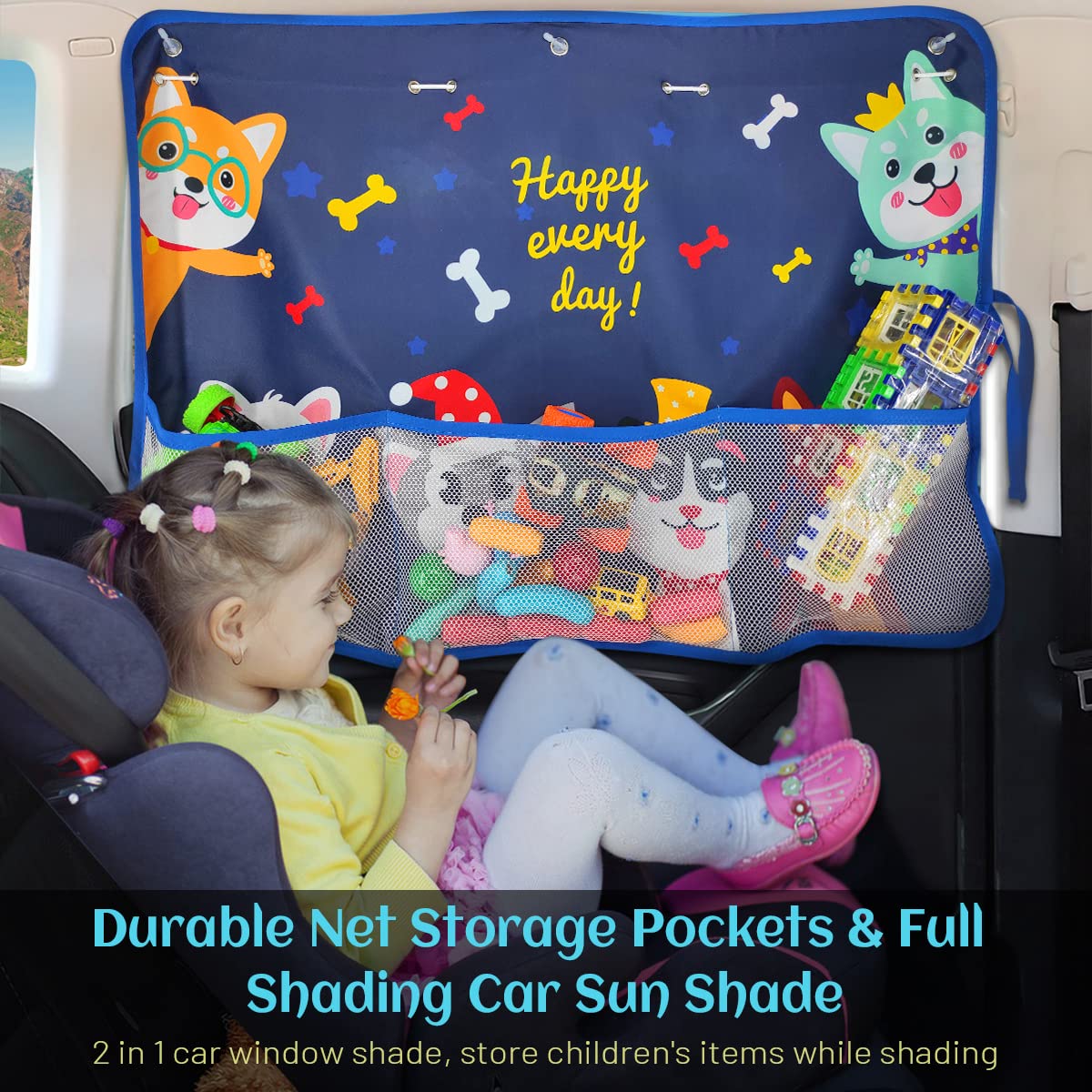 DIZA100 Car Window Shade for Baby(2 Pack), Blackout Car Sun Shades with Storage Pockets 7 Suction Cups Car Window Curtain Cute P