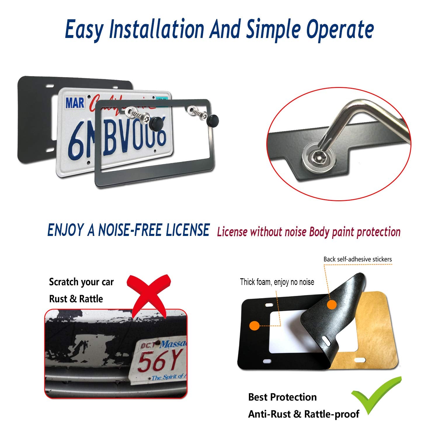 AOOTF Anti Theft License Plate Frame - Heavy Duty Black Aluminum, 2 Pack with Stainless Steel Lock Security Screws, Universal Fit