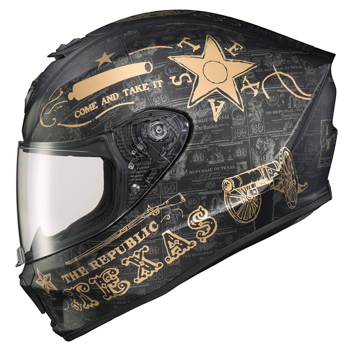 ScorpionEXO R420 Full Face Motorcycle Helmet with Bluetooth Ready Speaker Pockets DOT SNELL Lone Star (Black/Gold - 3X)