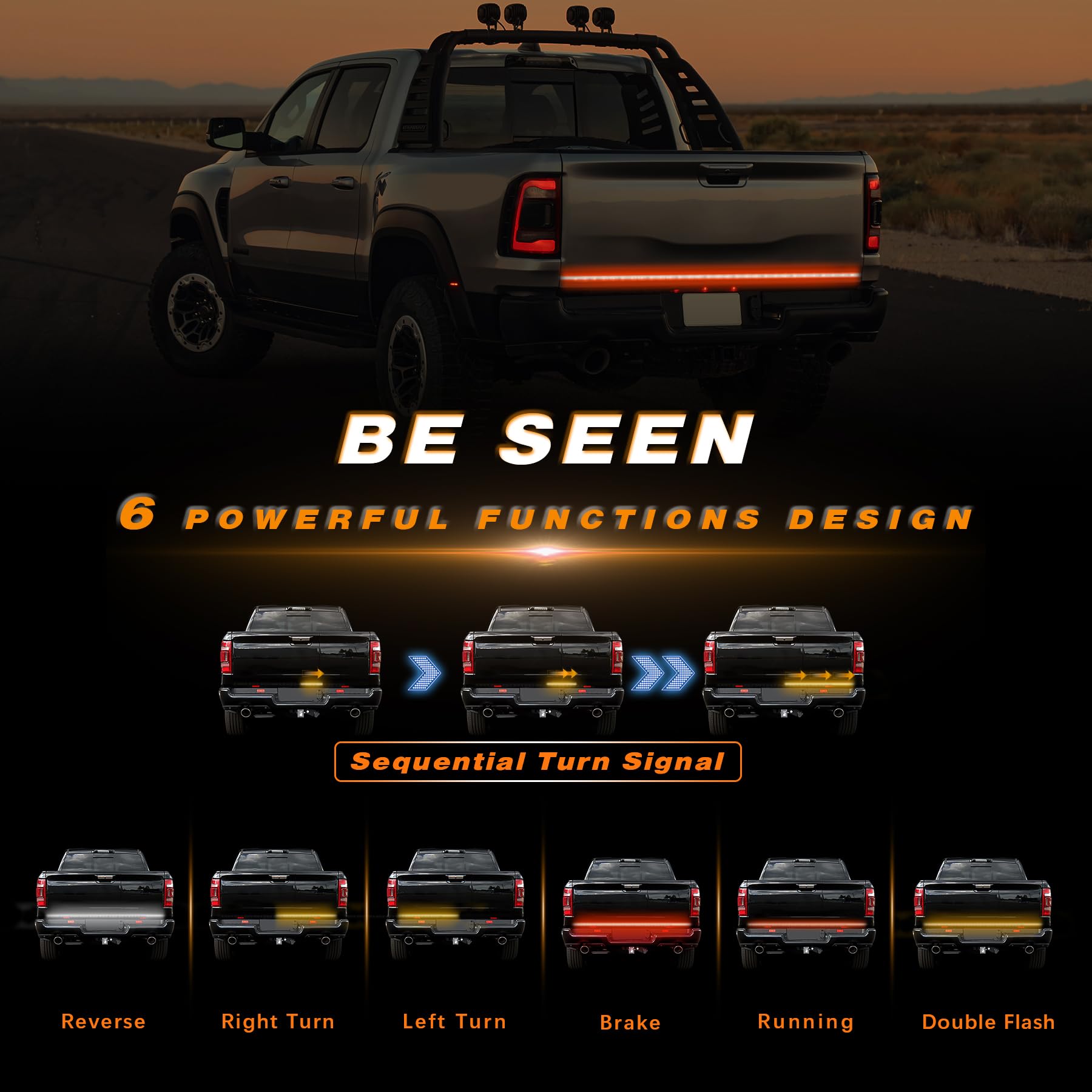 AMEXMART Tailgate Light Bar - 48"/49" Aluminum Triple Row LED Strip, Amber Turn Signal, Red Brake, White Reverse, Model Tailgate-bar-P