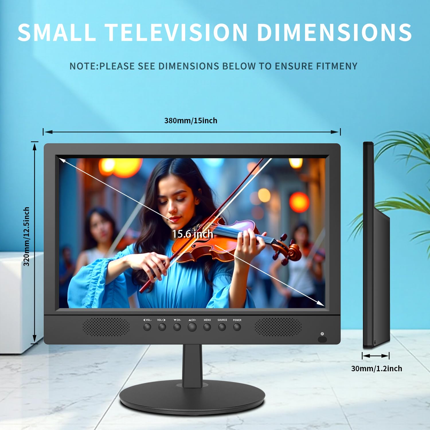 Jexiop 16-Inch Flat Screen TV - Full HD 1080P, Remote Control, Black, Dual Power DC-12V & AC Adapter for Kitchen & RV