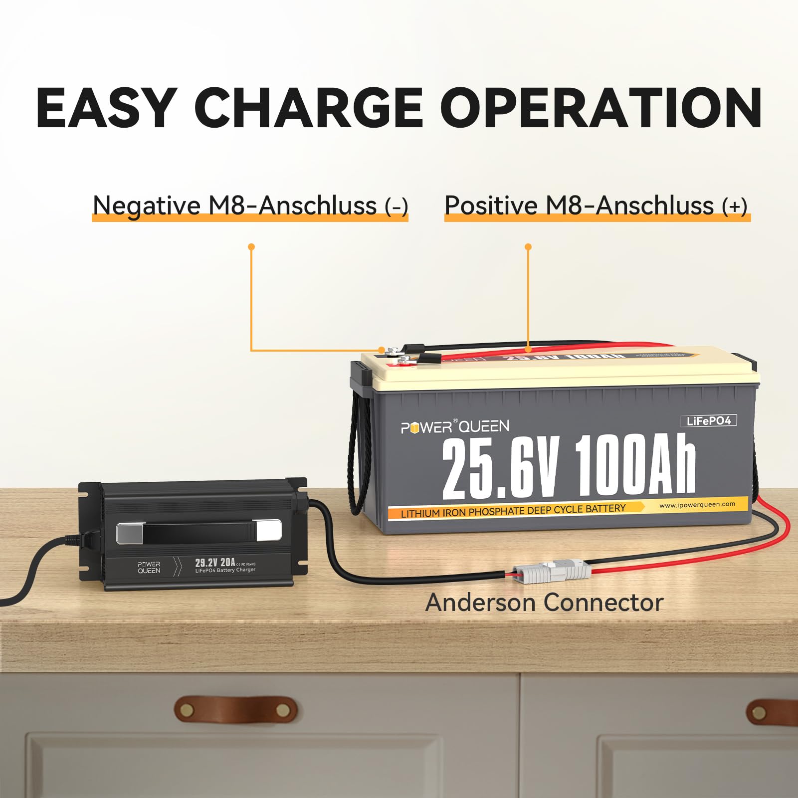 Power Queen 29.2V 20A Lithium LiFePO4 Battery Charger - Fully Automatic, Smart Design, Black, Model 25.6V