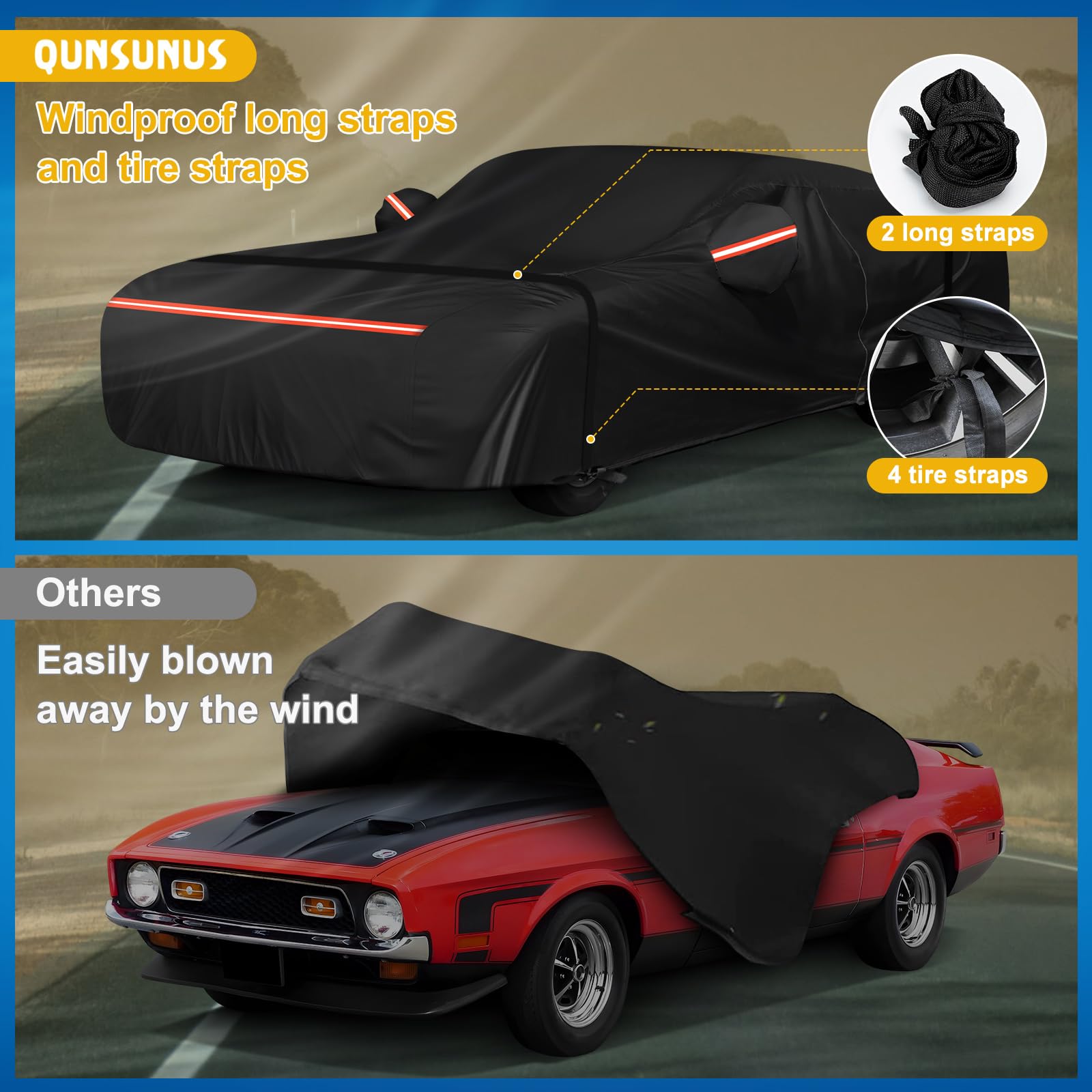 Q QUNSUNUS Waterproof Car Cover, Oxford & Cotton, Fits Ford Mustang 1969-1973, All Weather Protection with Zipper & Elastic Edges