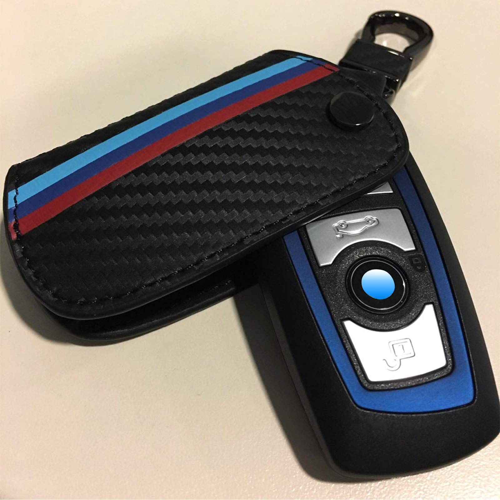 Jkcover Key Fob Holder Protector Compatible With Bmw Remote Fob, M-Colored Stripe Black Carbon Fiber Pattern Leather Key Cover W