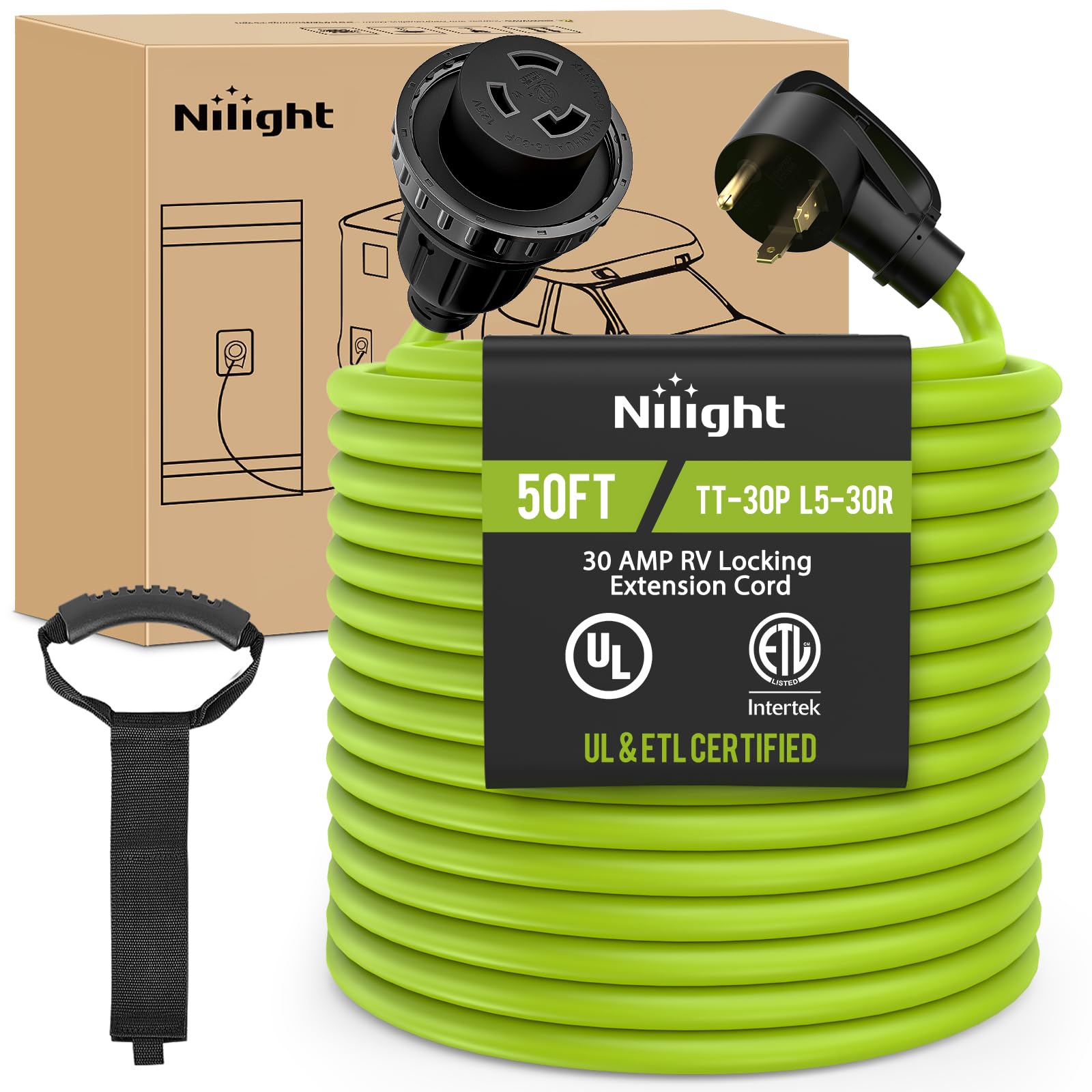 Nilight 50Ft 30 Amp Rv Locking Extension Cord 125V Heavy Duty 10/3 Gauge Pure Copper Stw Wire Ul Etl Listed 3 Prong Tt-30P L5-30