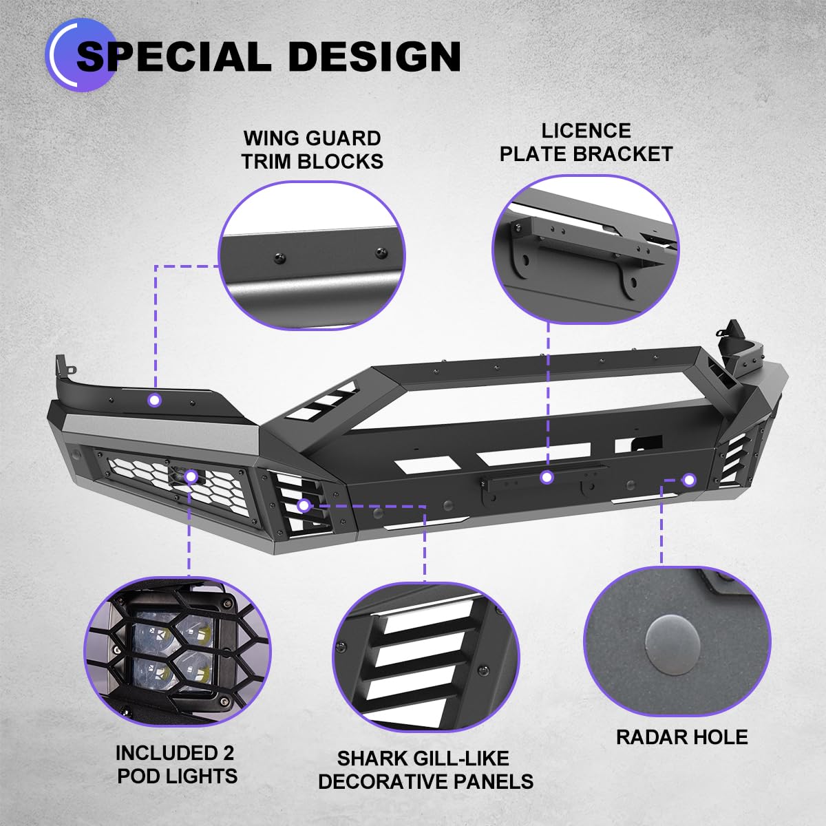 Wolfstorm Front Bumper For 2013-2018 Dodge Ram 1500 Pickup Truck 2019-2023 Ram 1500 Classic(Exculding Warlock) Mid-Width Front Bumper+Side Wing+Bull Bar