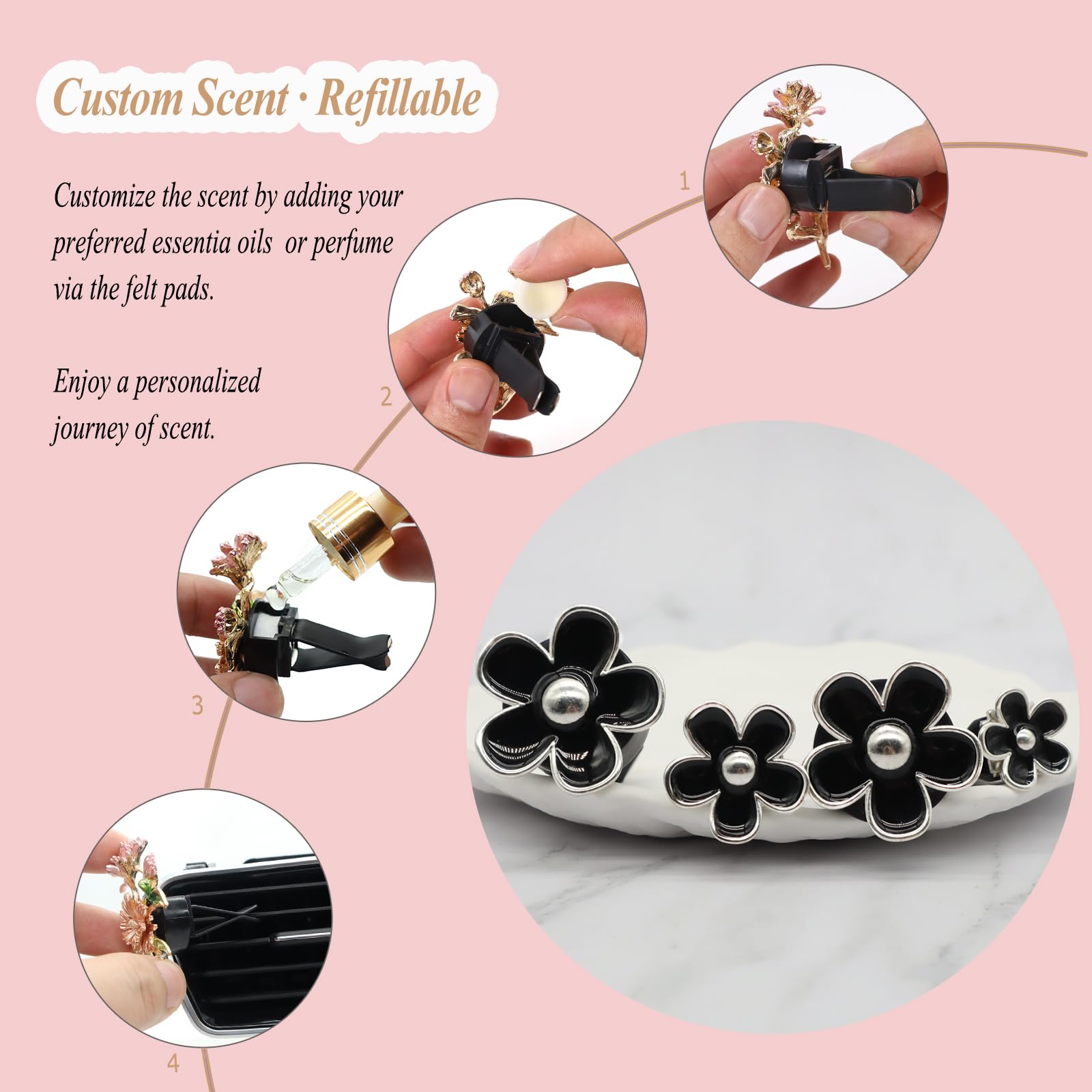 Oriesse 4Pcs Cute Daisy Flowers Car Air Freshener Vent Clips,Girly Flowers Car Accessories For Women,4 Sizes Sparkle Black Silve