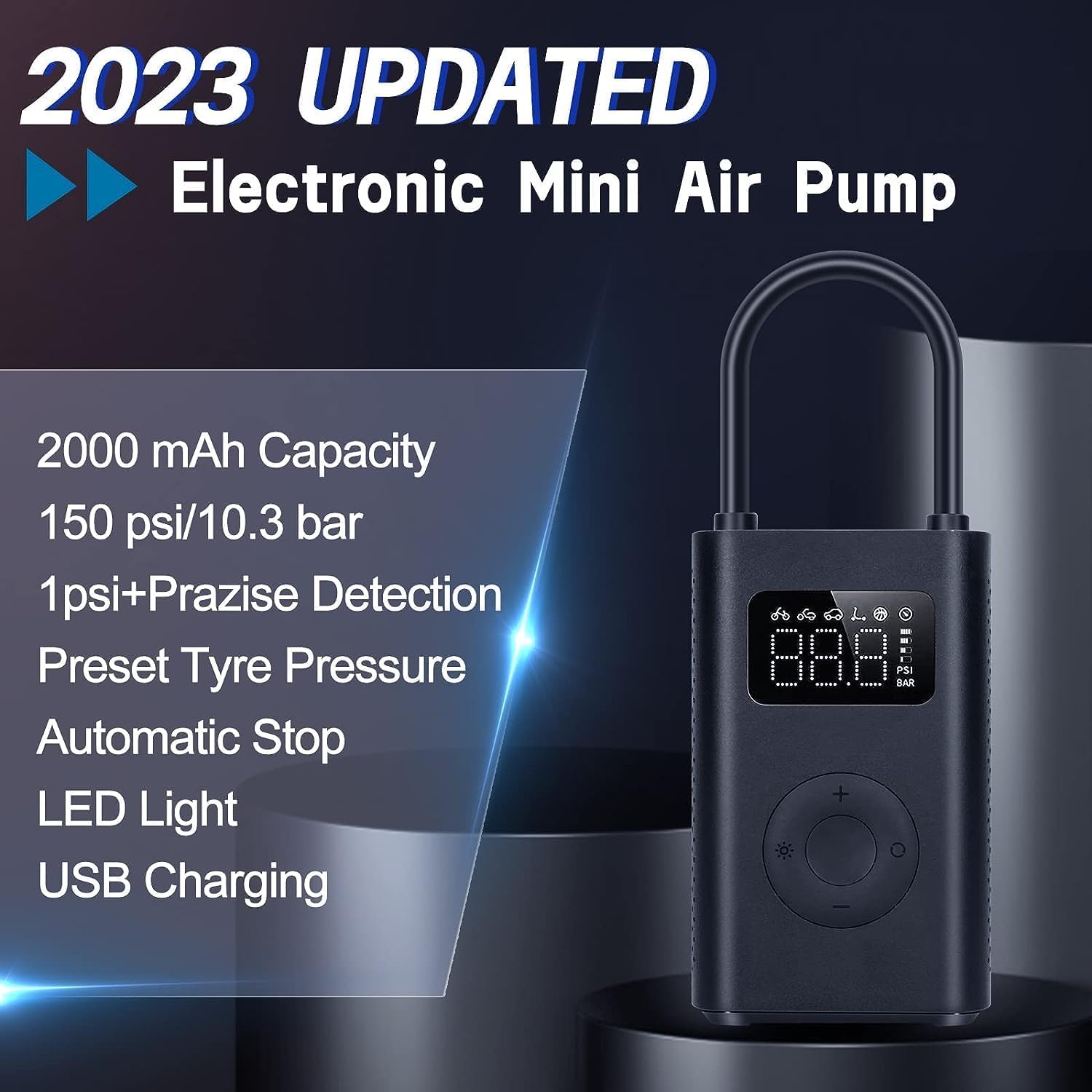 Xiaomi Portable Electric Air Compressor, 150 PSI Tire Inflator for Car, Scooter, Bike Tires and Balls - Cordless with Digital Pr
