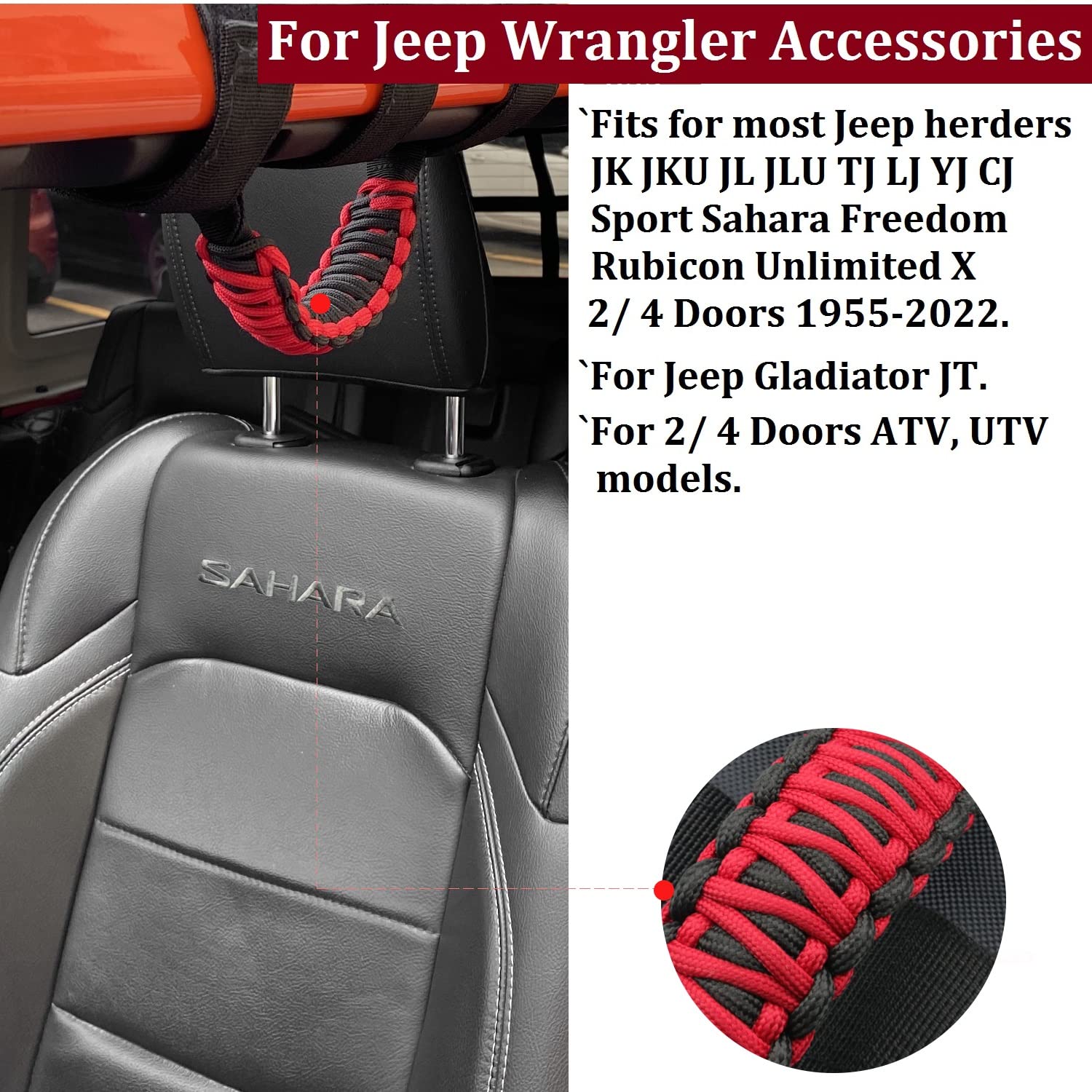 For Jeep Wrangler Accessories Roll Bar Grab Grip Handle Trim For Compatible With Jeep Wrangler Yj Tj Jk Jku Jl Jlu 1955-2023 Gladiator Jt Utv & Atv Door Assist Woven Holder (Red, 2Pcs)