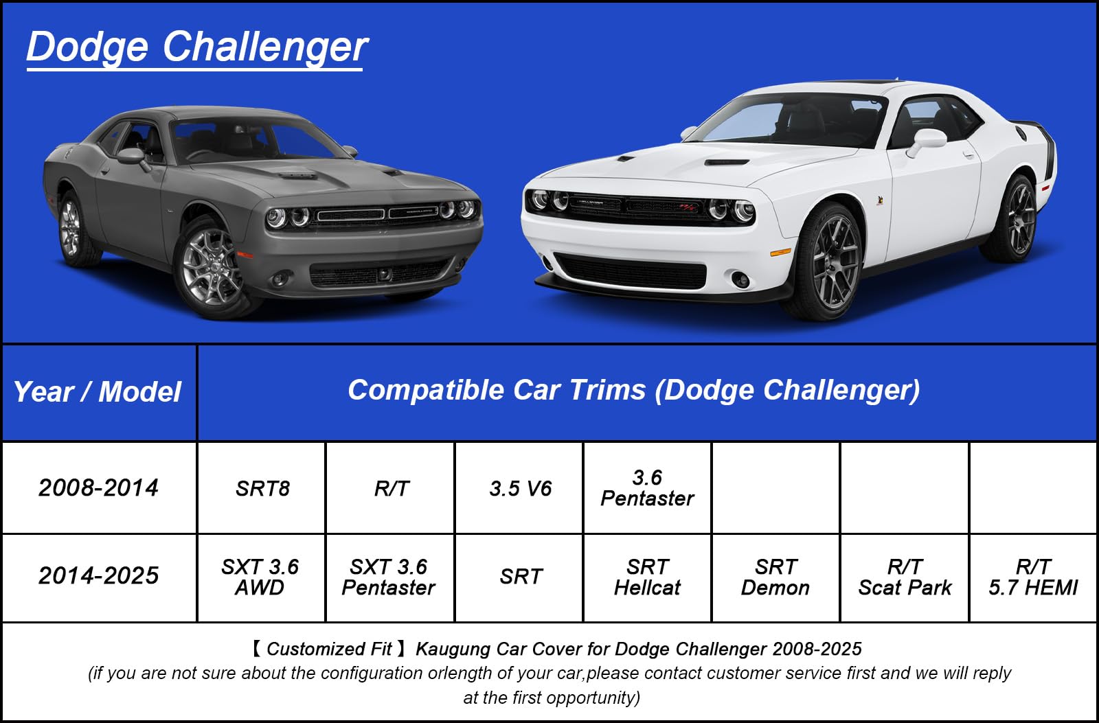 Kaugung Waterproof Car Cover for Dodge Challenger (2008-2025) - Custom Fit, Lightweight, Black, UV & Weather Resistant