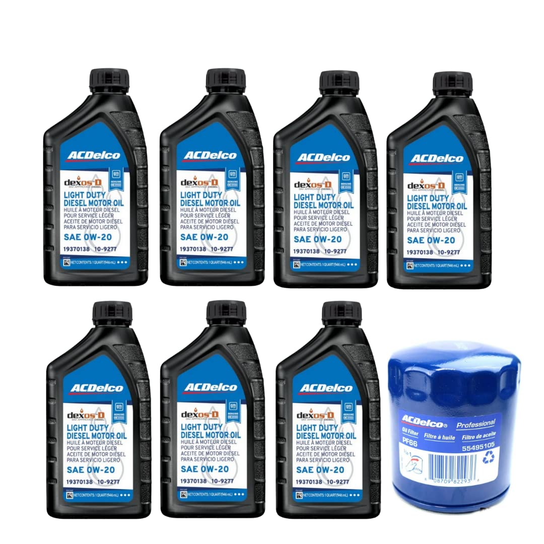 ACDelco DexosD Oil Change Kit 0W-20 Light Duty Diesel Engine Oil 19370138, 10-9277 and AC Delco PF66, 55495105, 19391402 Oil Fil