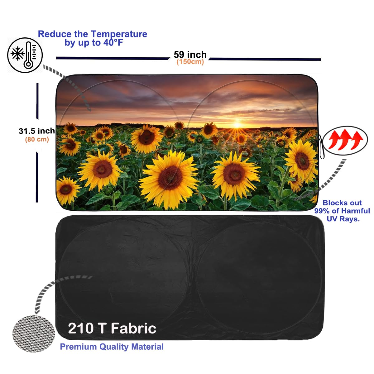 Gven Windshield Sun Shade for Car, Foldable Sunflower Vehicle Sun Visor Shade for Car Windshield Sunshade Heat Reduction Blocks