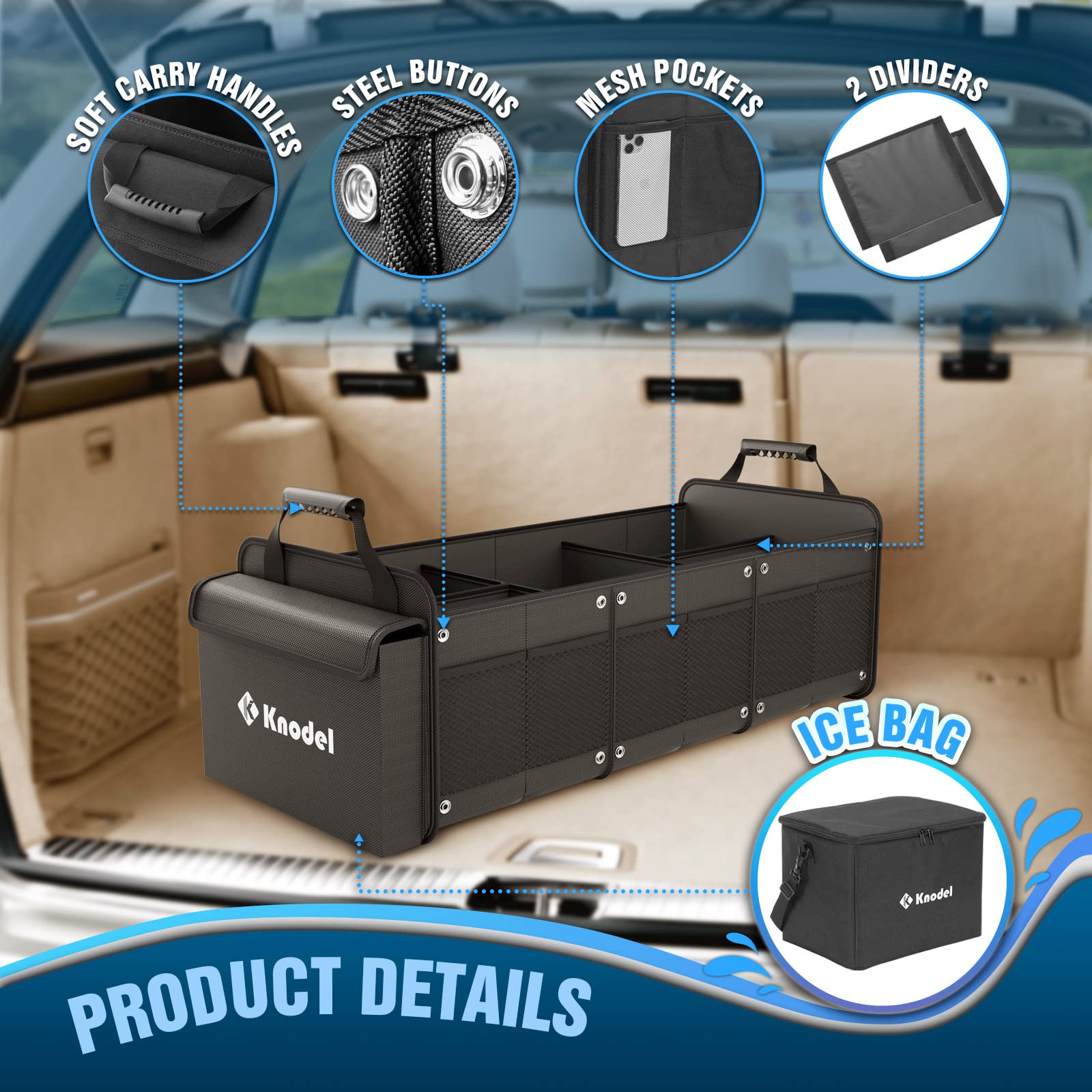 K Knodel Extra Large 3 Compartments Trunk Organizer Heavy Duty For Car, Suv With Cooler Bag, 2 Adjustable Securing Straps (4-In-1, Black)
