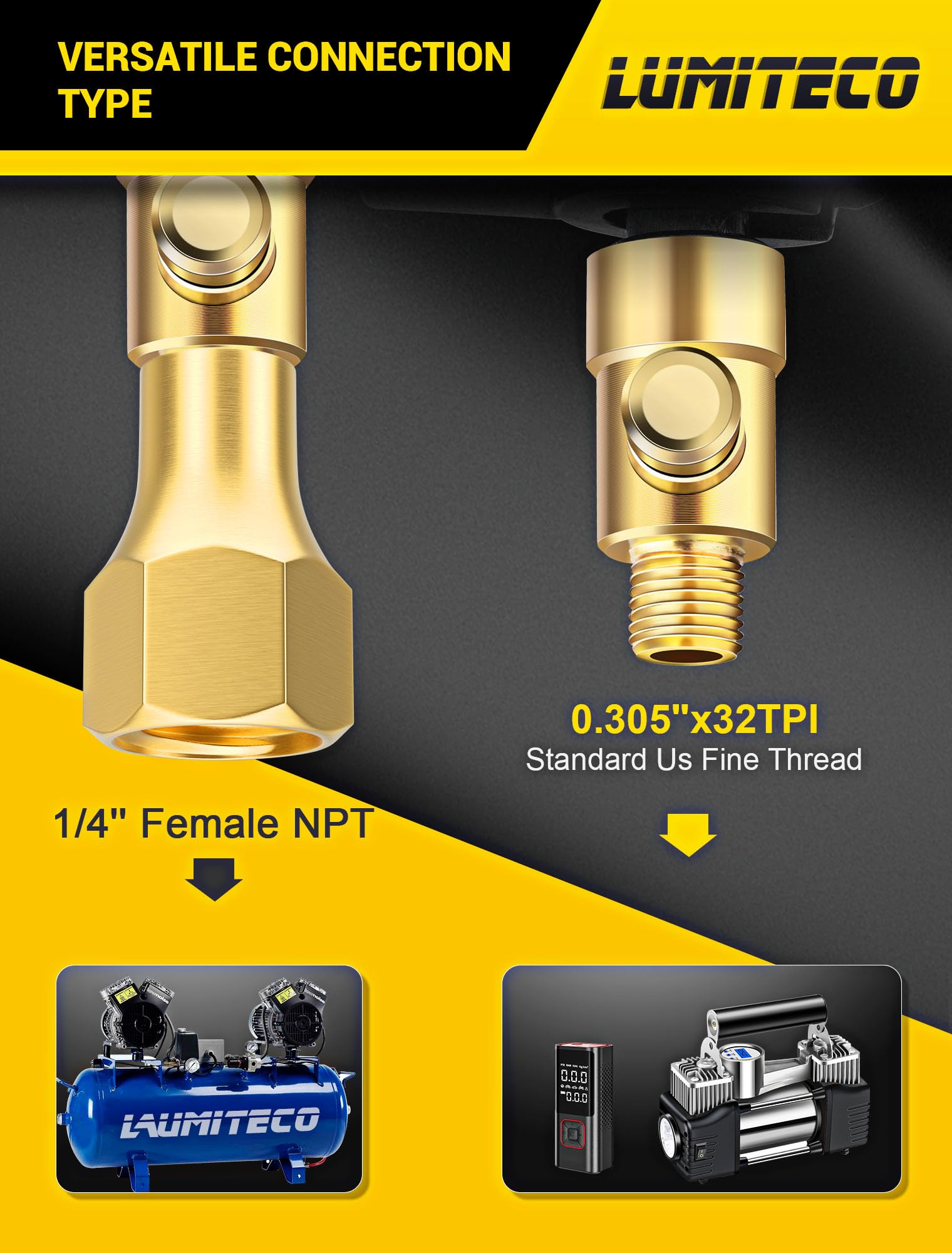 LUMITECO Dual Head Air Chuck for Bike Tires, Presta & Schrader Valve Adapter, Compact Design, Model 649226714553