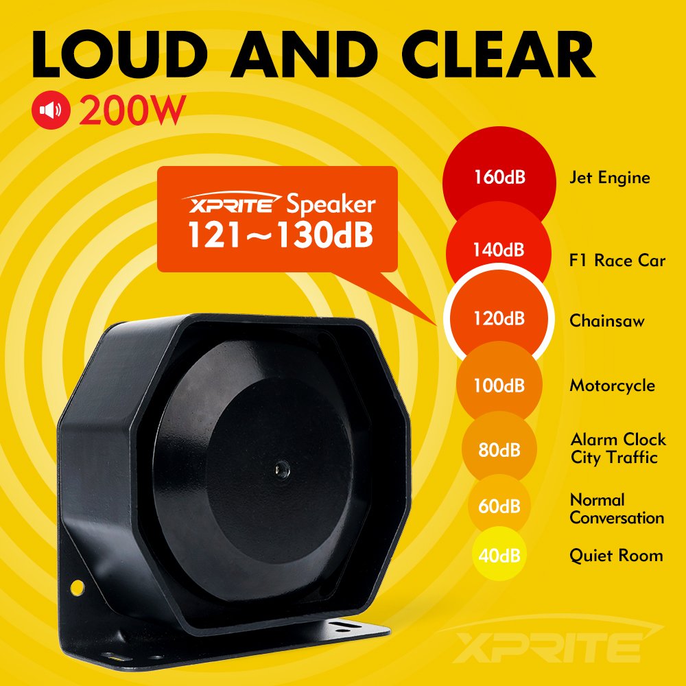Xprite 200W Emergency Warning Siren PA System Kit with Microphone & Lights, Slim Black Aluminum Design, Model SIREN-200W-G2