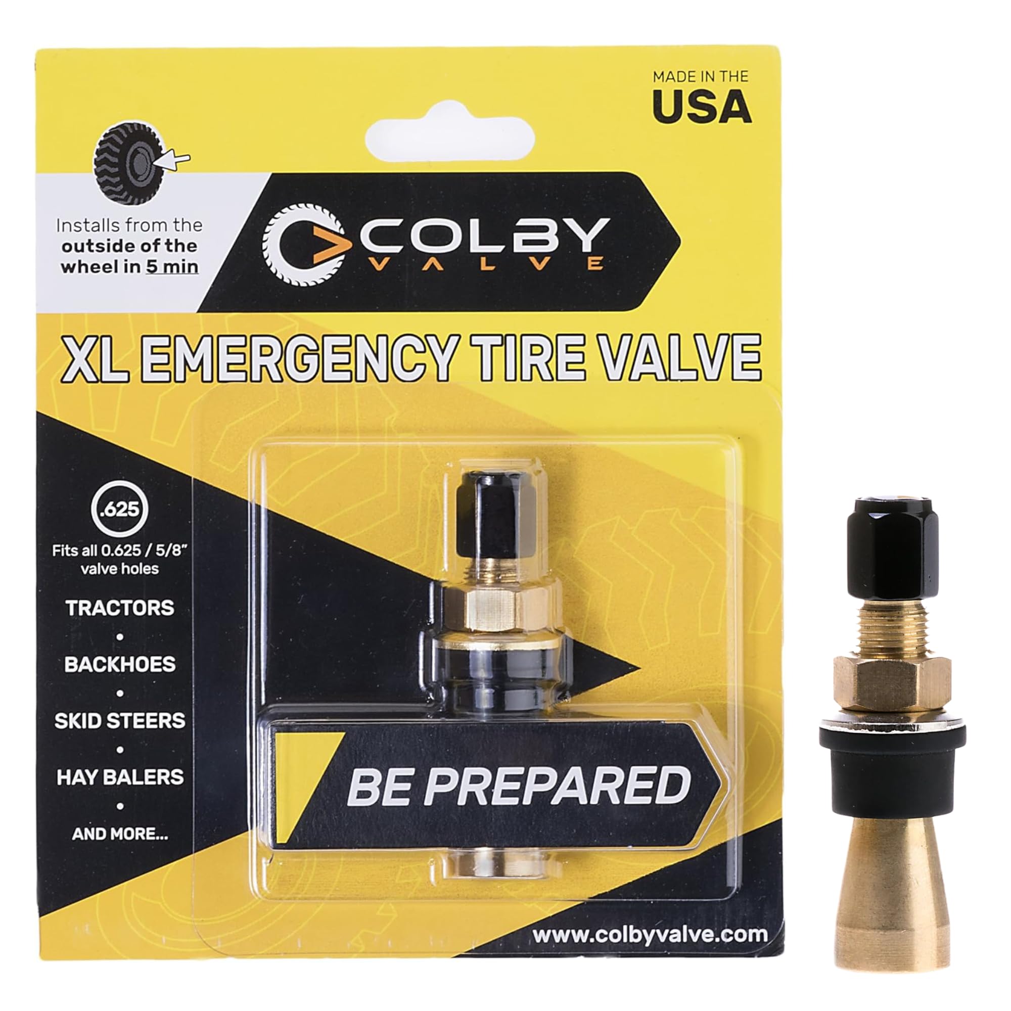 Colby Valve XL Emergency Valve Stem Replacement Heavy Duty Strong 360 Brass Metal Made in USA for Tractors, Backhoes, Skid Steer