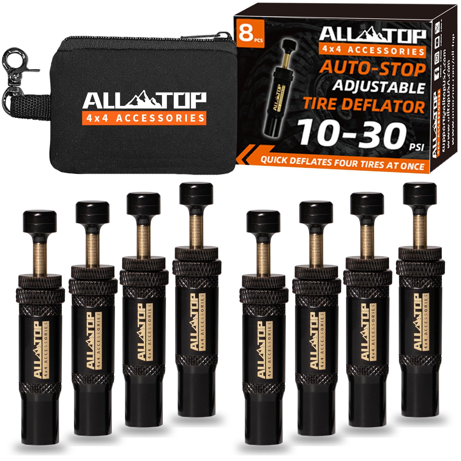 All-Top Adjustable Auto-Stop Tire Deflator Valve Kit (10-30 Psi) 8 Pcs Screw-On Tyre Air Down Tool For Offroad 4X4 (With 5 Valve