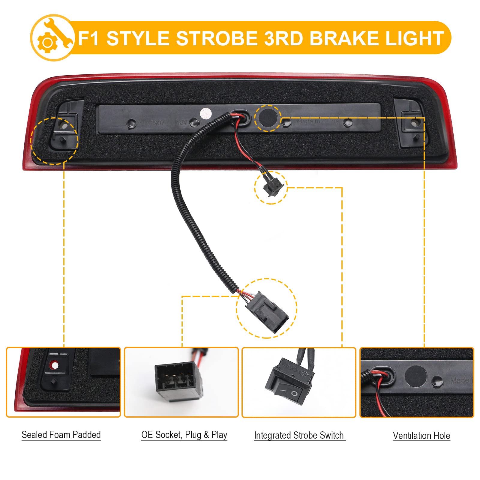 R&F Auto Led Strobe Third Brake Light Compatible With Ram 1500 2500 3500 4500 5500, 2010-2018 Pickup Truck High Mounted Stop Lig