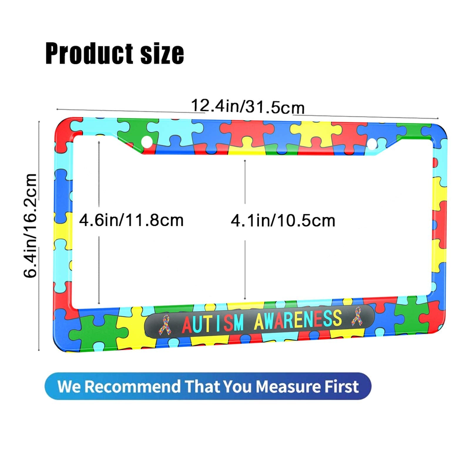 HOSNYE Autism Awareness License Plate Frame Colorful Puzzle Ribbons Metal License Plate Cover Front Plates Frames Car Tag Frame