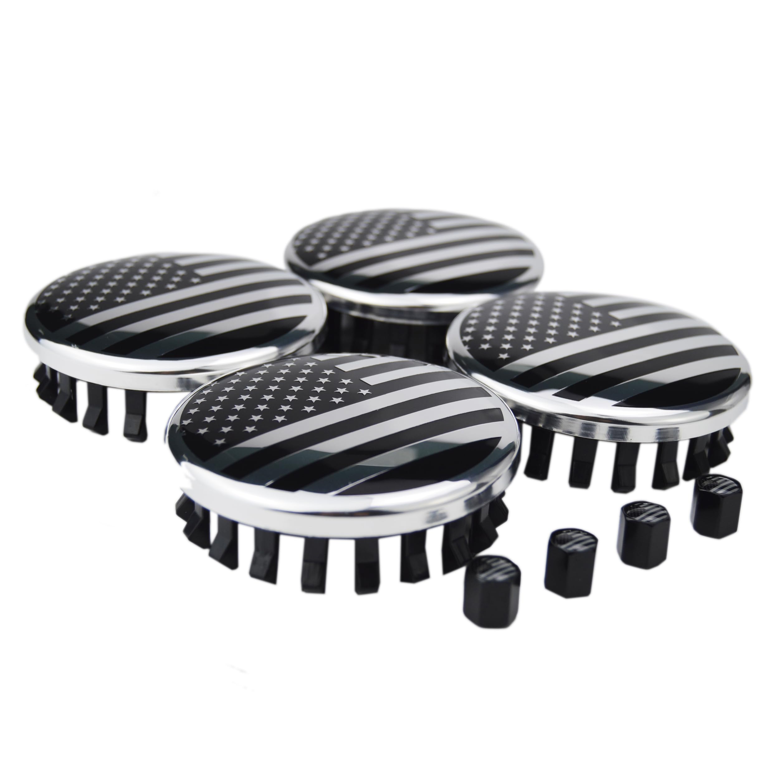 Zorratin Black US Flag Wheel Center Caps - Set of 4, 3 1/4" (83mm) Aluminum Covers for Chevrolet Suburban, Silverado, Tahoe, GMC Sierra