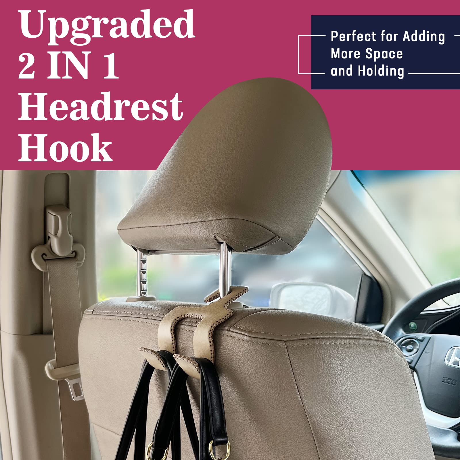 Tisohugo Upgraded Headrest Hooks For Car, 2 In 1 Back Seat Purse Holder Hook Genuine Leather Head Rest Hangers Vehicle Organizer