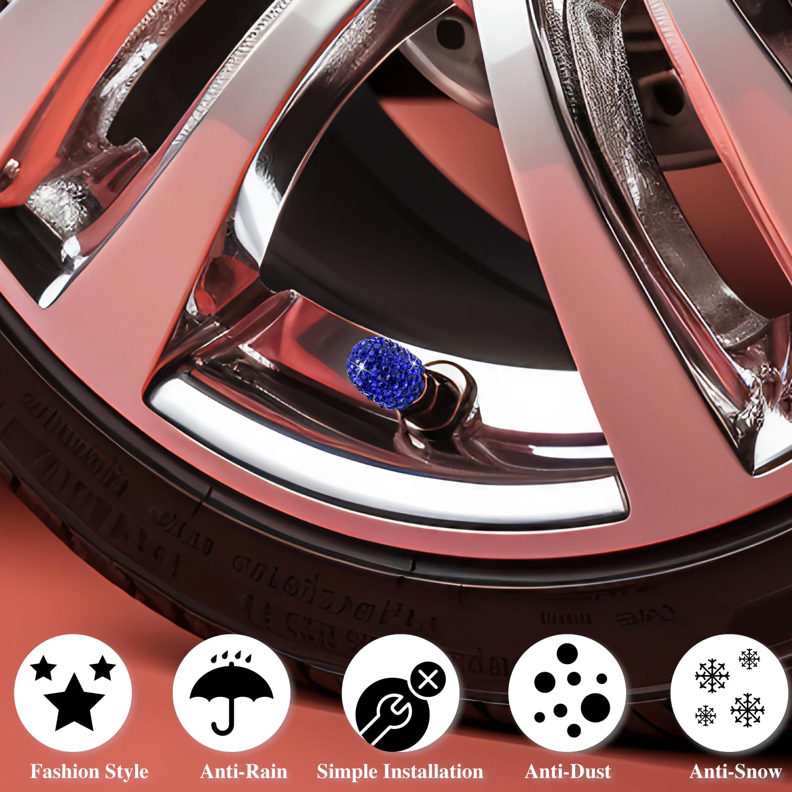 Meajoo 8Pcs Bling Crystal Diamond Tire Stem Valve Caps, Dustproof Car Wheel Tire Valve Caps Universal Tire Valve Stem Covers For