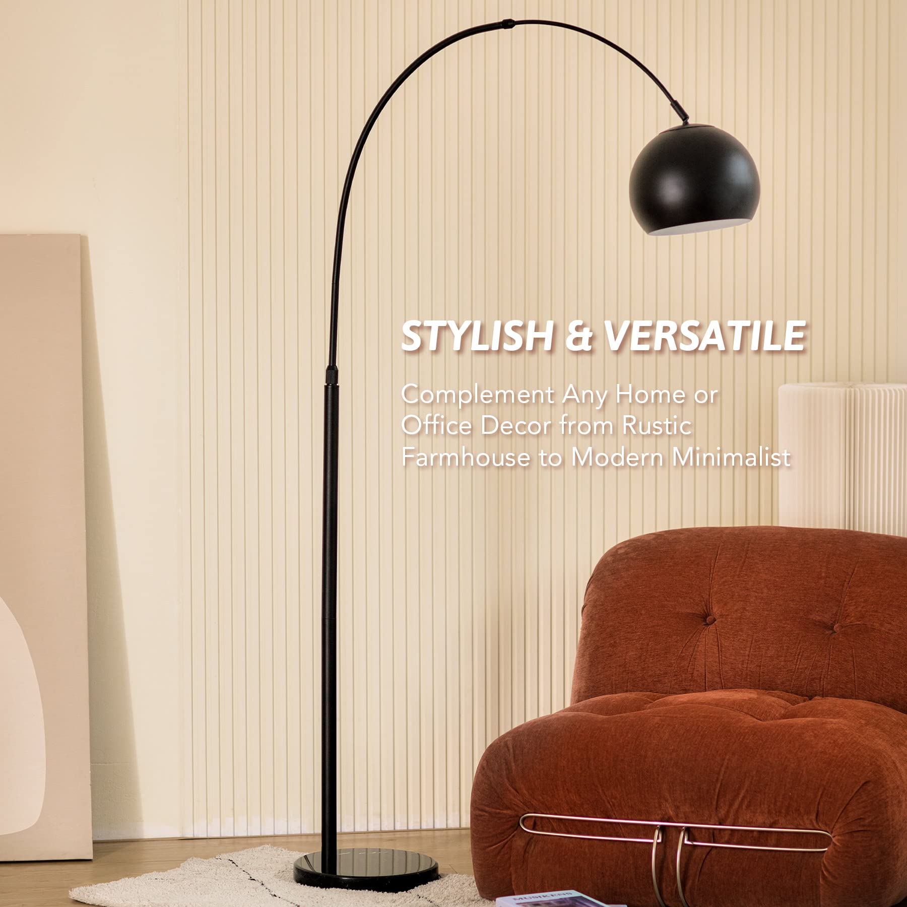 Vonluce Modern Arc Floor Lamp 69', Arc Floor Lamp With Inner White Metal Shade And Marble Base, Black Floor Lamp With Led Bulb, Contemporary Arch Floor Lamp For Living Room Couch Sofa