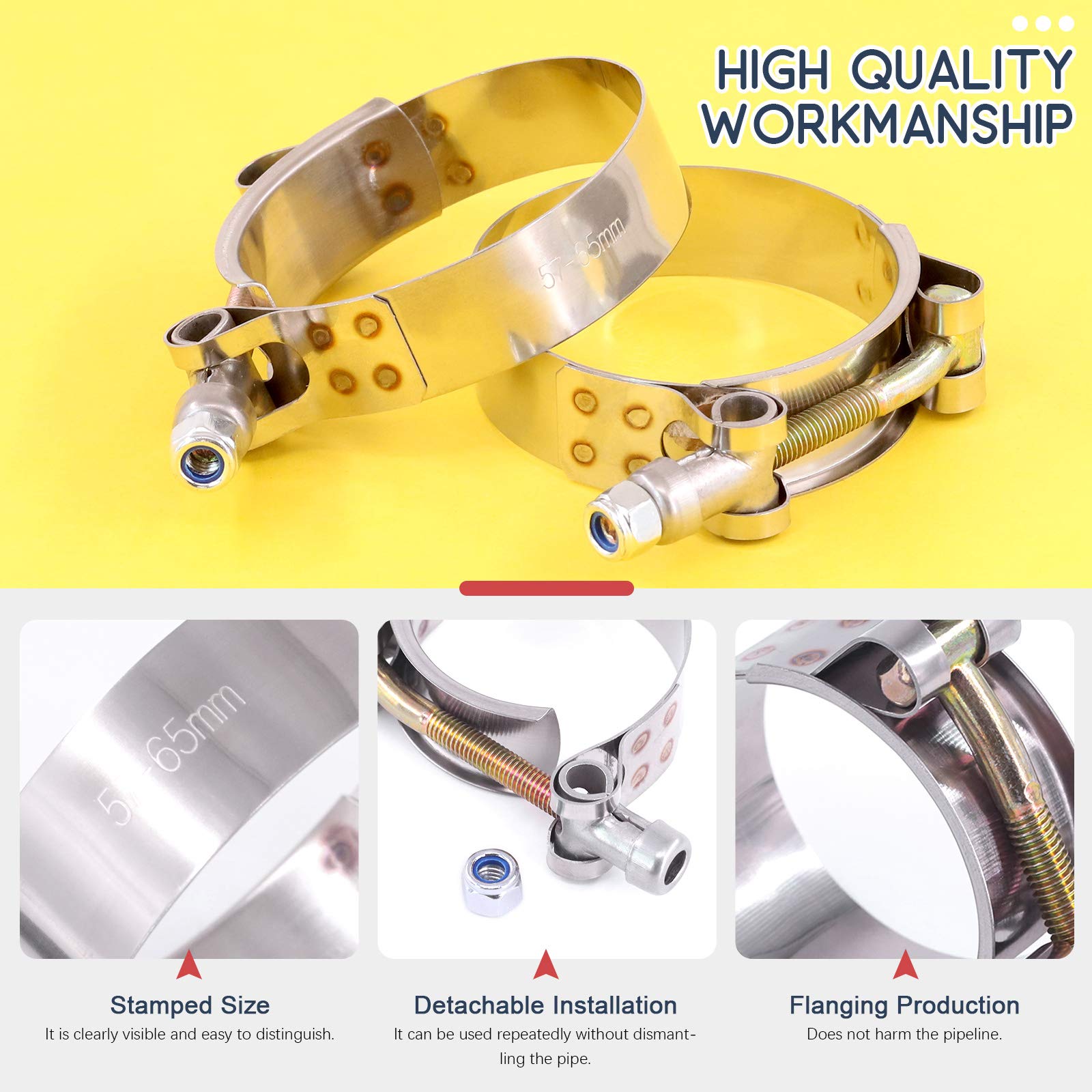 Hilitchi 5Pcs Stainless Steel T-Bolt Clamps With Rounded Band Edges Heavy Duty Turbo Intake Intercooler Clamp (57-65Mm) For 2 In