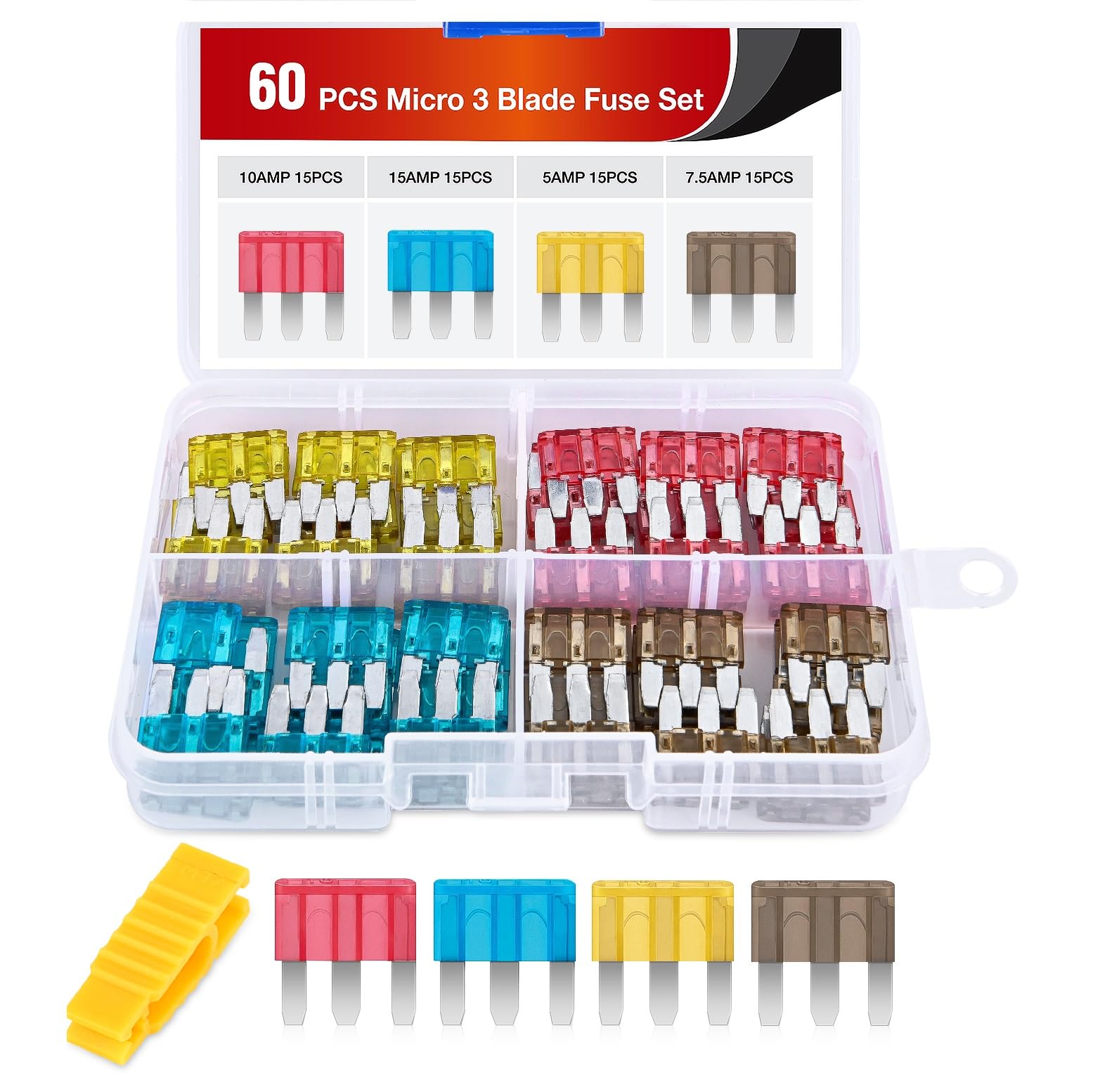 Nilight 60Pcs Micro3 Fuse Atl Car Blade Fuses Assortment Kit 3 Prong Micro Blade Car Fuses Replacement 5A 7.5A 10A 15A Automotiv