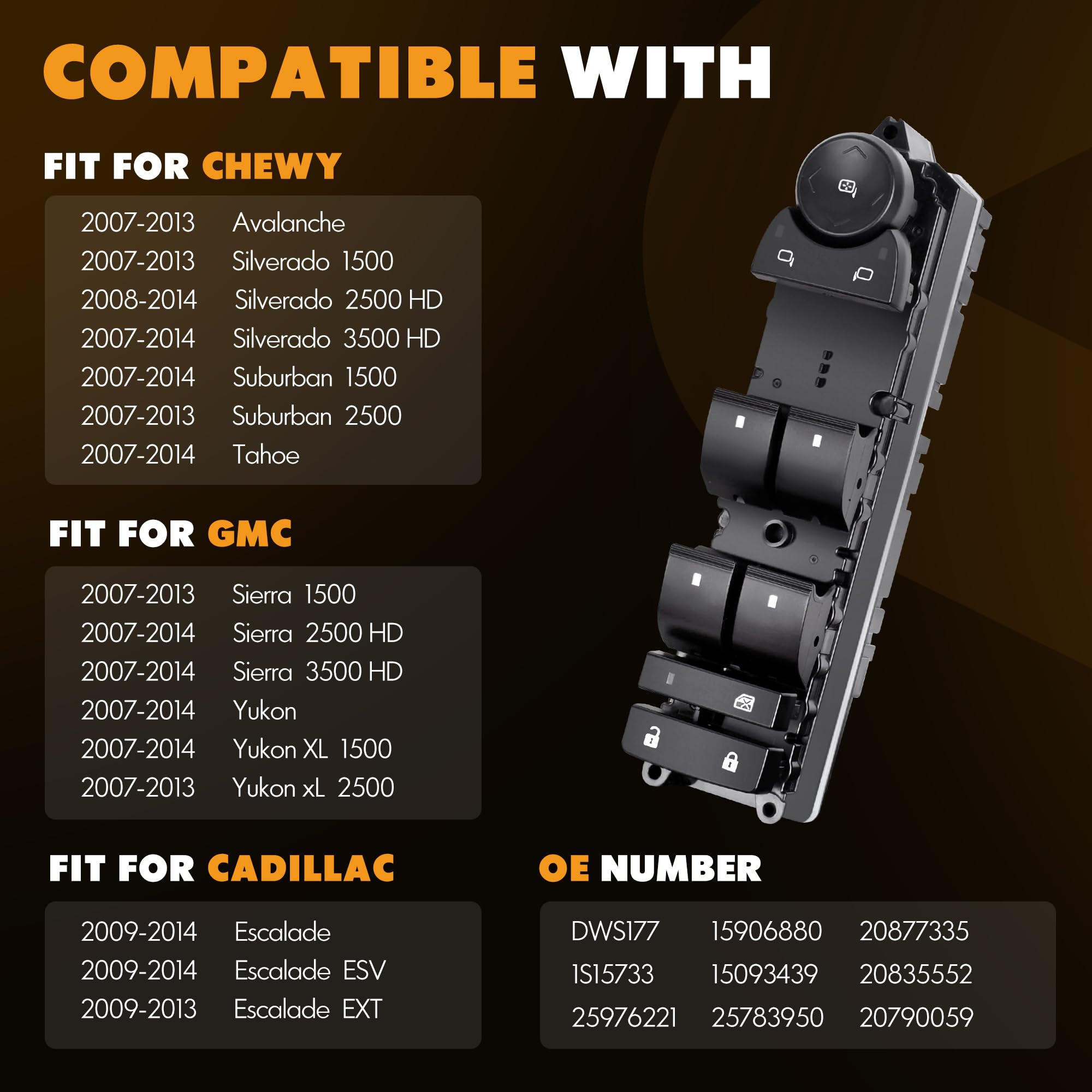 20835552 Front Driver Side Master Power Window Switch and Door Lock Fit for 2007-2014 Chevy Silverado Tahoe Suburban Avalanche &