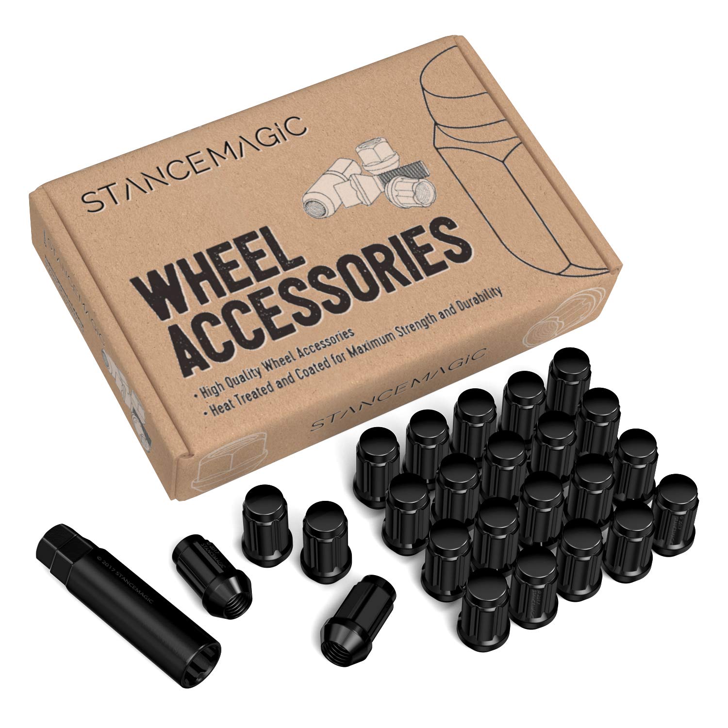 24pcs Black Spline Drive Lug Nuts - 1/2x20 Threads - 1.4 inch Length - Closed End - Cone Acorn Taper Seat - Includes 1 Socket Ke