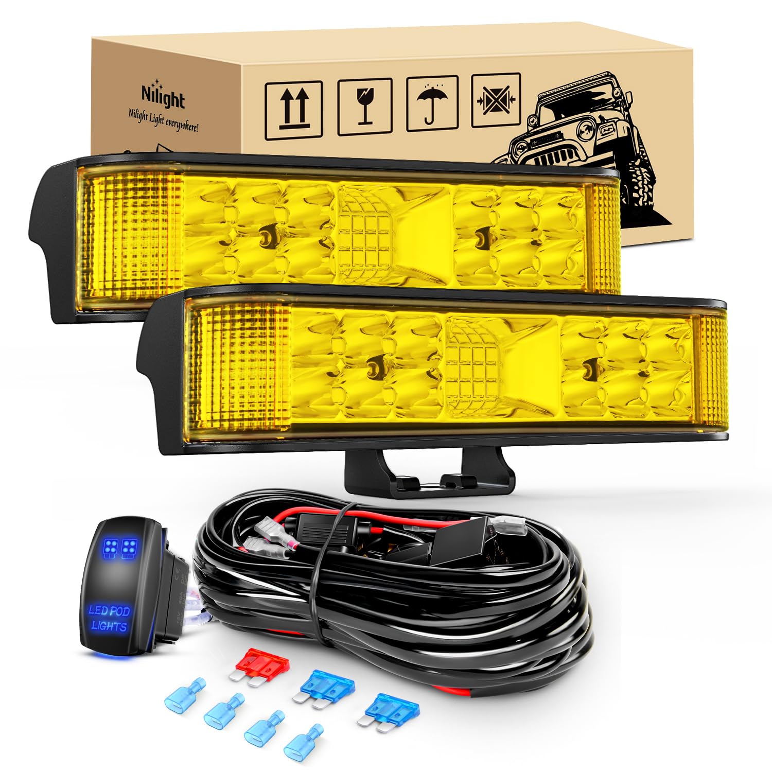 Nilight Side Shooter Led Light Bar Amber Beam Pods 2Pcs 6.5 Inch 60W Flood Spot Combo Fog Driving Lighting W/ 16Awg 5Pin Rocker