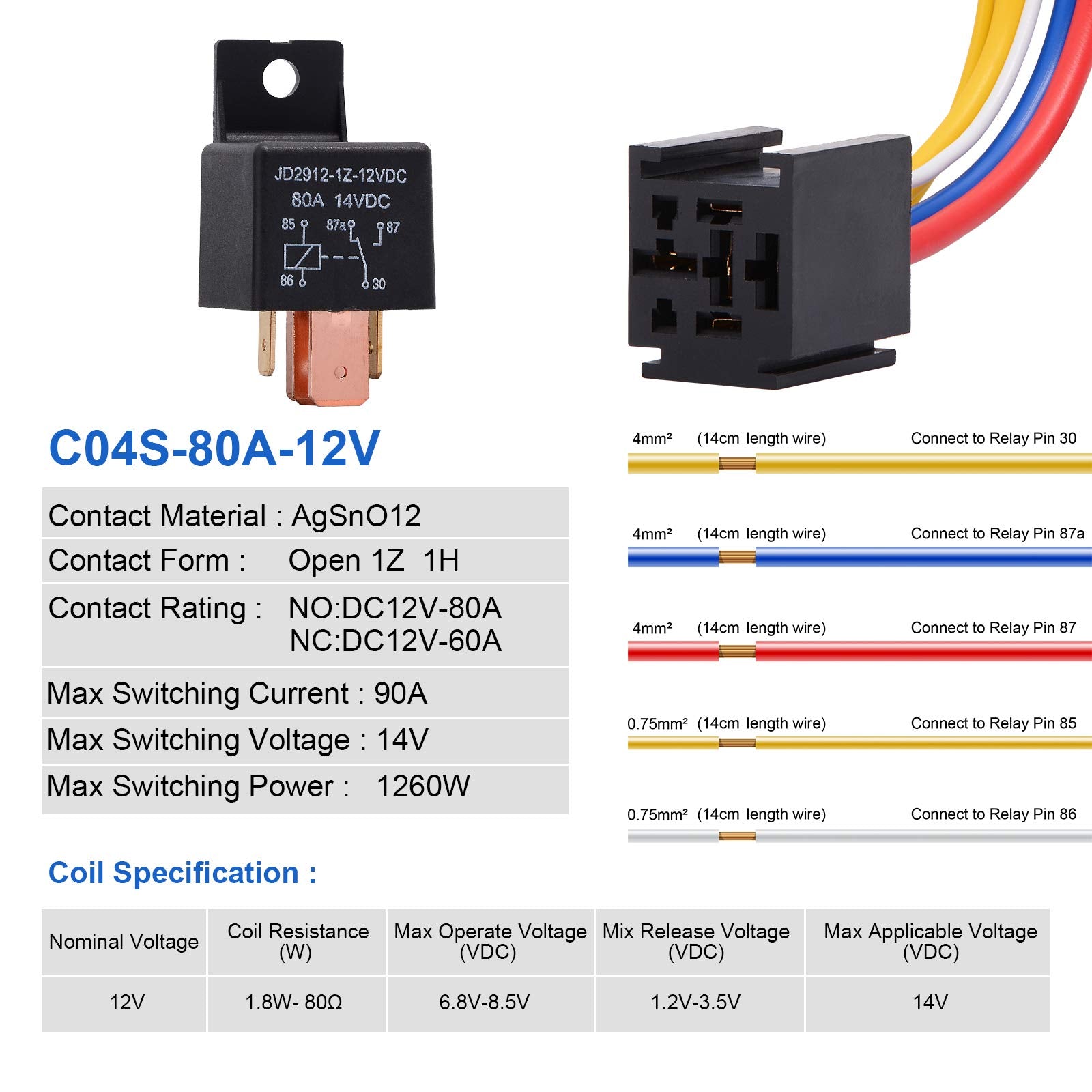 Ehdis 2 Packs Car Relay With Harness Truck Motor Heavy Duty 5-Pin 80A 12V Relay On/Off Normally Open Spdt Relay Socket Plug 5 Wire Automotive Relay Jd2912-1Z-12Vdc 80A 14Vdc