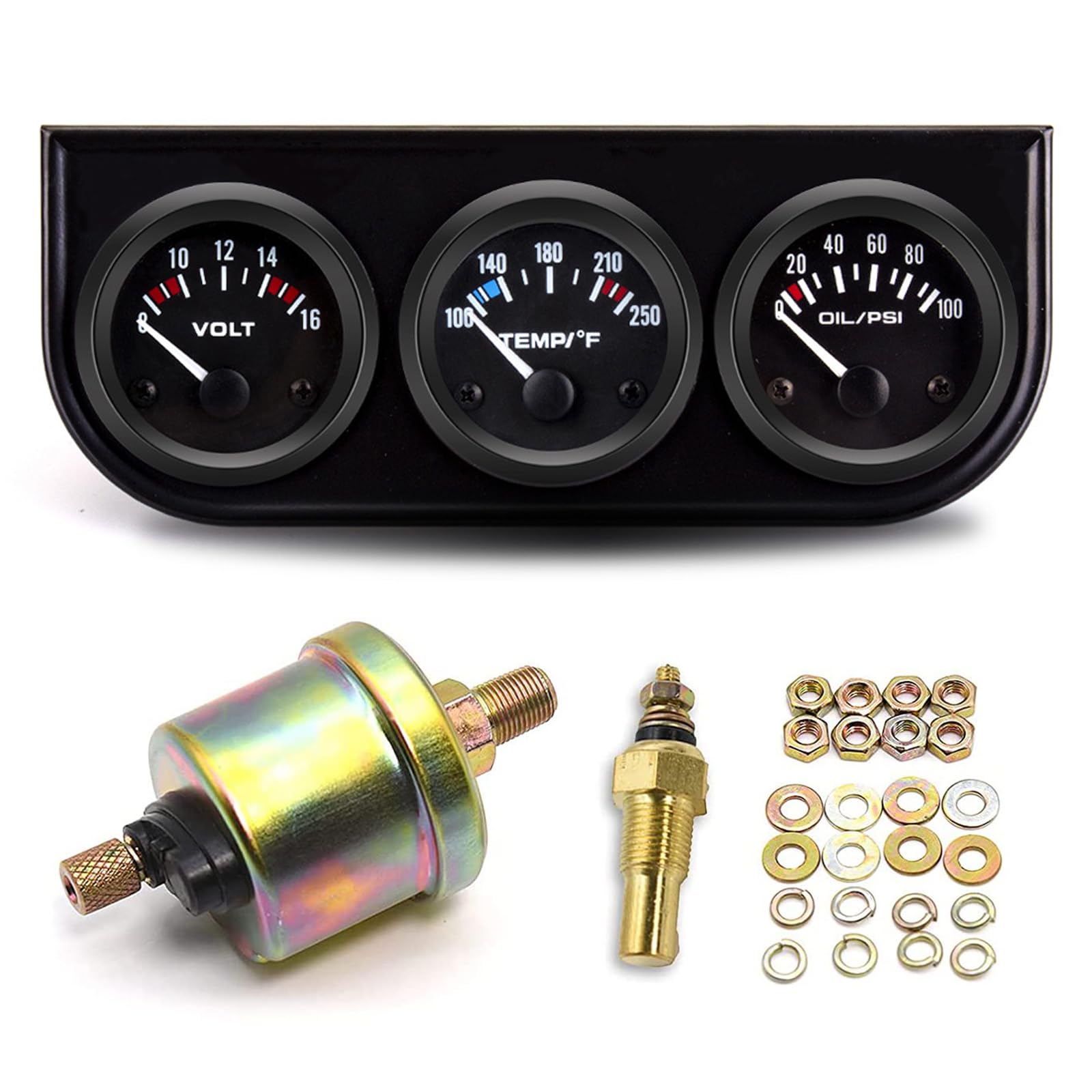 BREADEEP 52MM/2 Triple Gauge Set (Volt Meter+Water Temperature+Oil Pressure Meter), Stainless Steel Auto Gauges 3 Set, 3 in 1 Ga