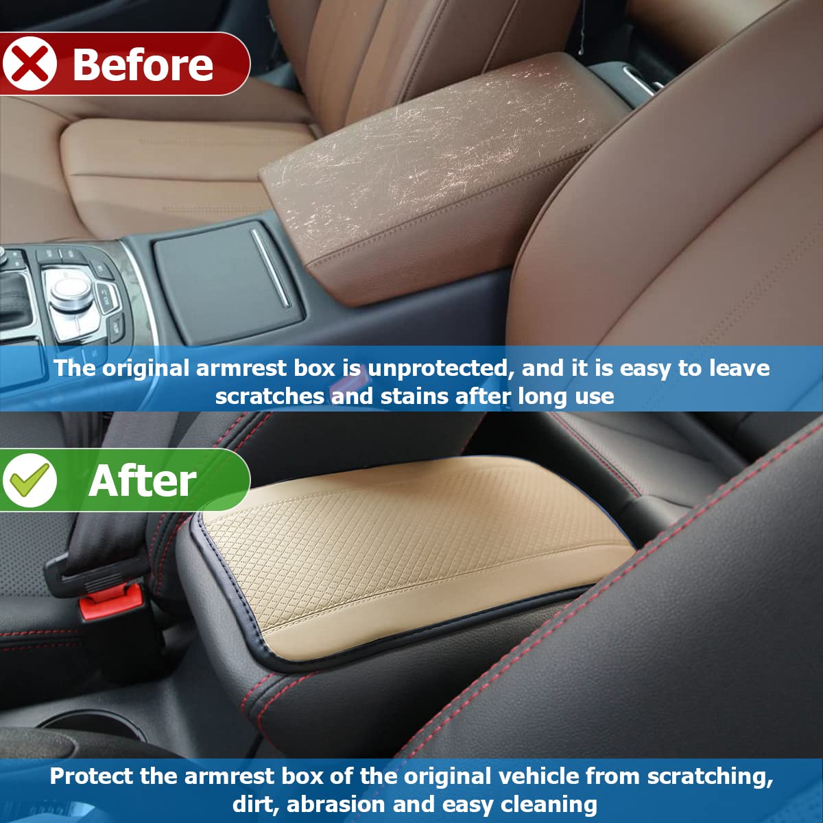 Auto Center Console Pad, Pu Leather Car Armrest Seat Box Cover, Waterproof Non Slip Soft Armrest Box Cushion Protector, Car Accessories For Women Men, Universal For Suv, Truck, Van (Beige)