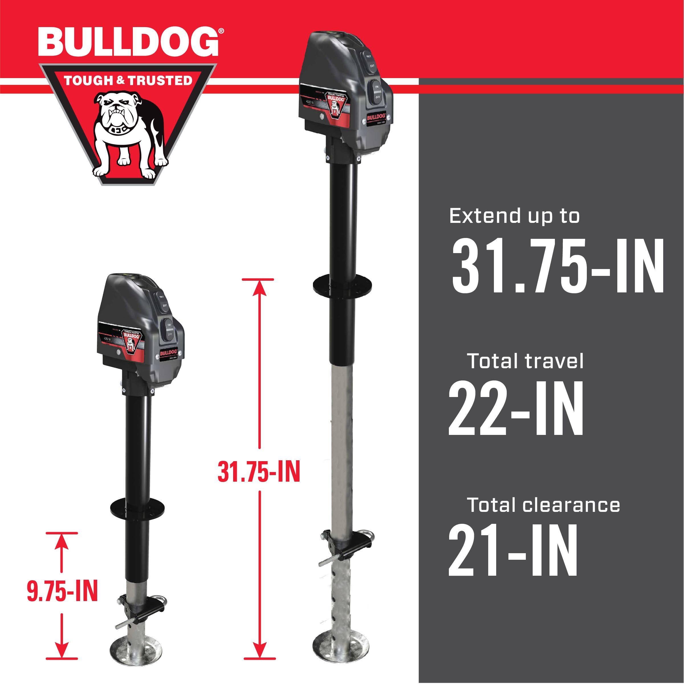 Bulldog Powered Drive A-Frame Electric Trailer Jack, 4000 lbs Capacity, Alloy Steel, Model 500199, Black, 22" Travel, 3 LED Lights