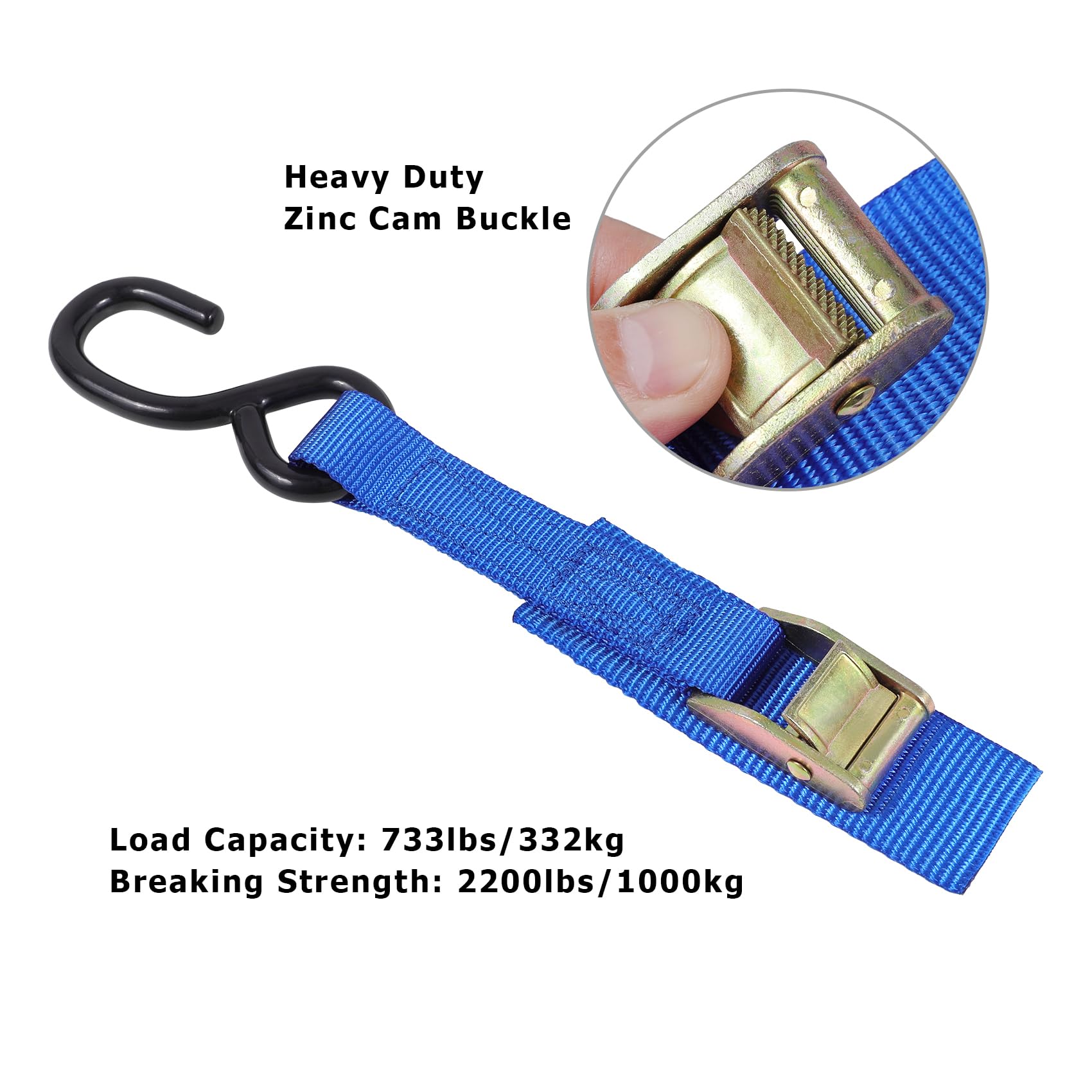 Ayaport Cam Buckle Tie Down Straps 6 Feet 2200Lbs Break Strength Blue Securing Straps With S Hooks For Motorcycle, Kayak, Car, T