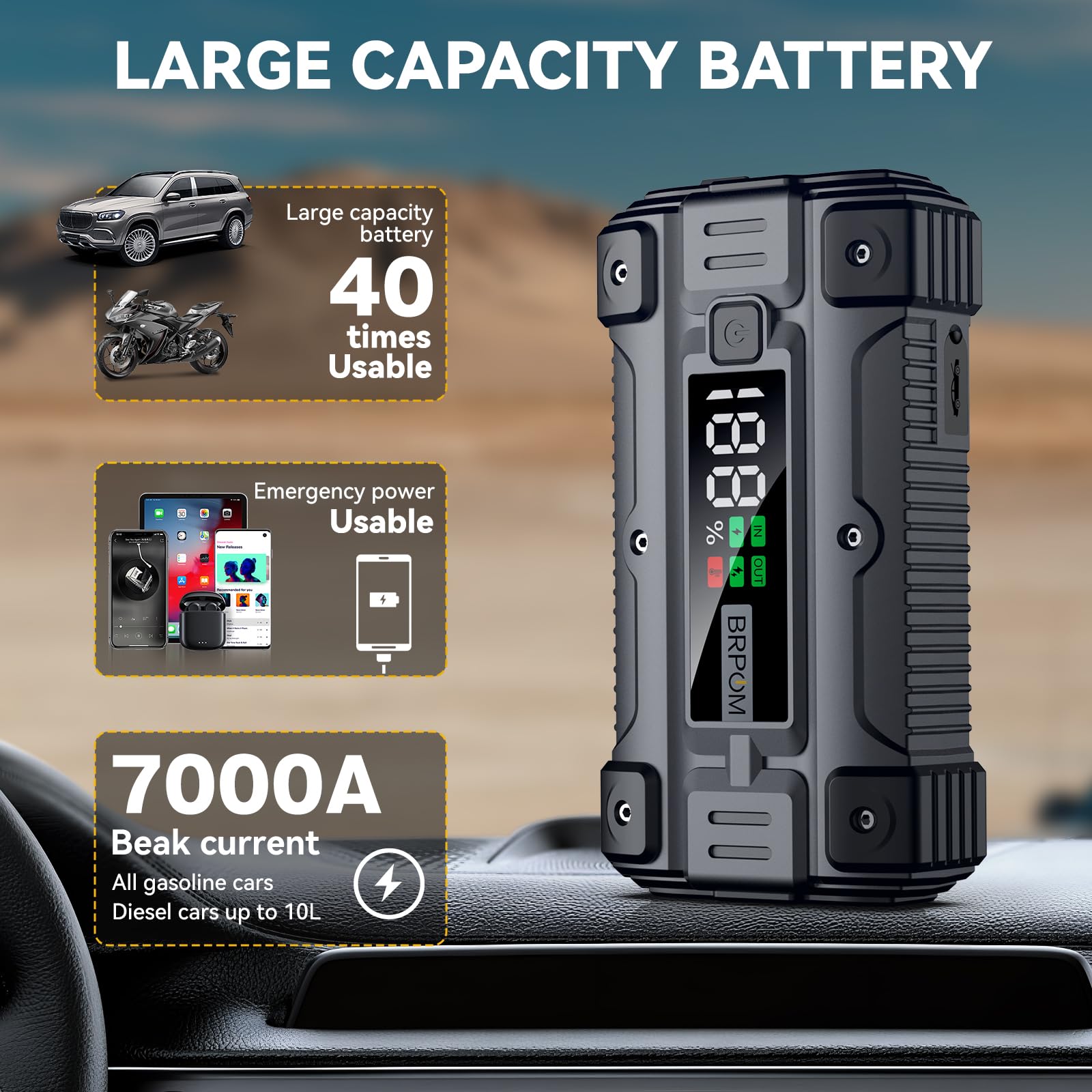 BRPOM Car Jump Starter 7000A Peak 26800mAh 12V Auto Booster Battery Charger with Smart Jump Cables and LED Screen