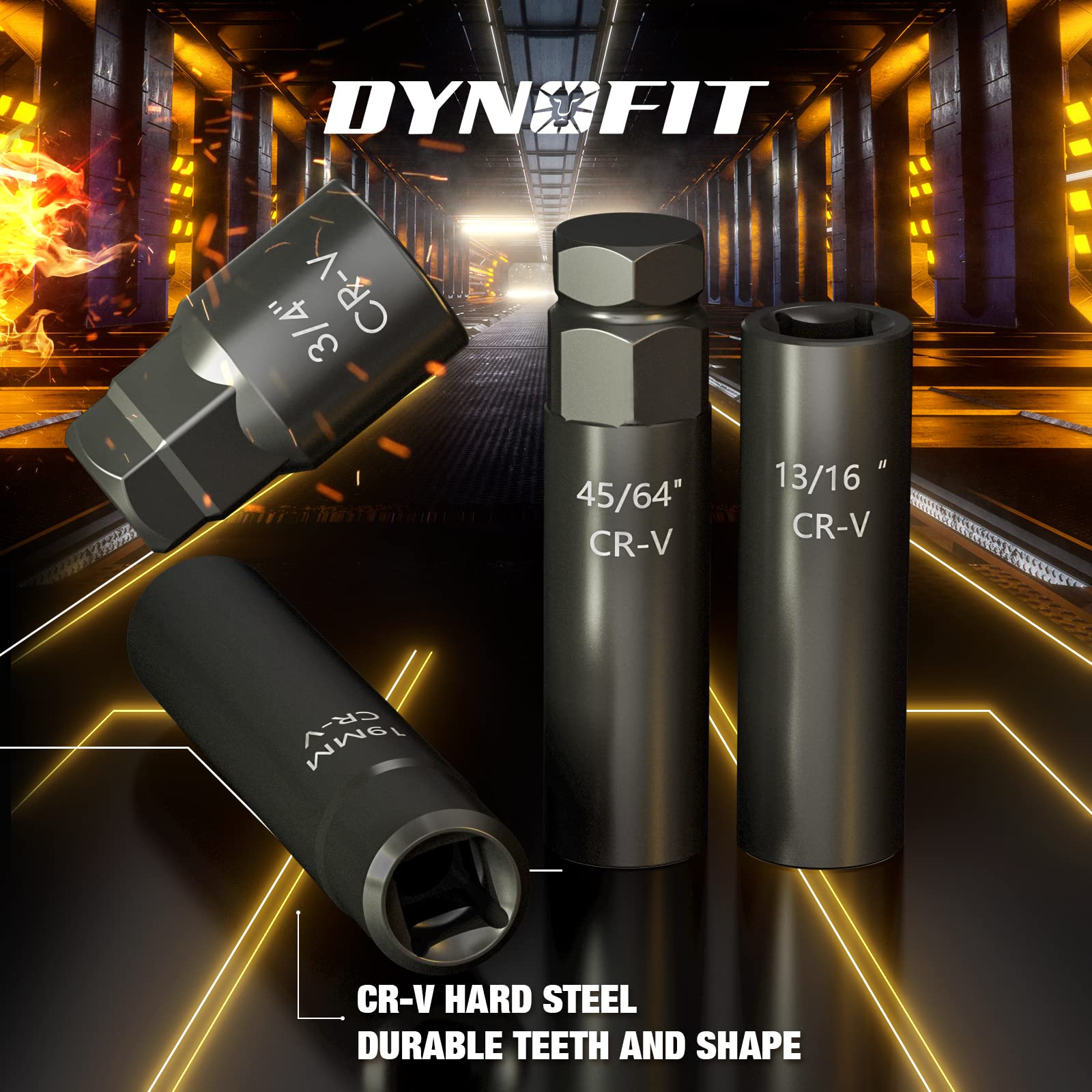 Dynofit 8-Piece Lug Nut Key Kit, 5/6/7/12 Spline, Cr-V Steel, 1/2" Drive, Black - Fits Aftermarket Rims