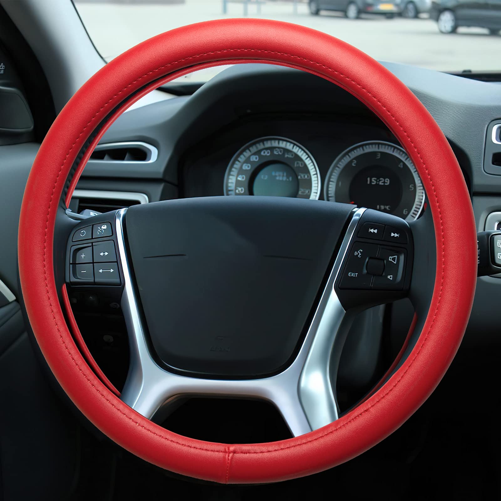 Evankin Red Leather Steering Wheel Cover, Comfortable And Soft Solid Color Universal Steering Wheel Cover 15 Inch, Suitable For 