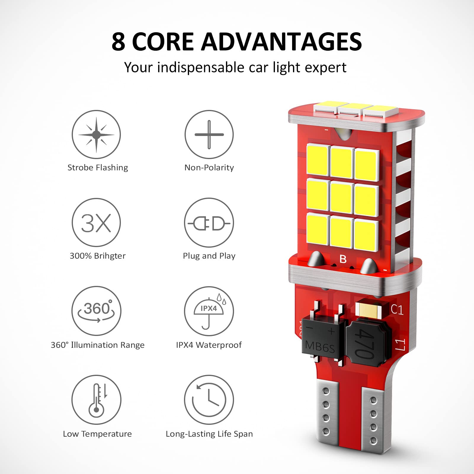 Fanteli 921 Led Bulb 6000K White, Strobe Flashing Led Reverse Lights, High Power 921 Bulb 21-Smd Leds Error Free T15 912 922 906