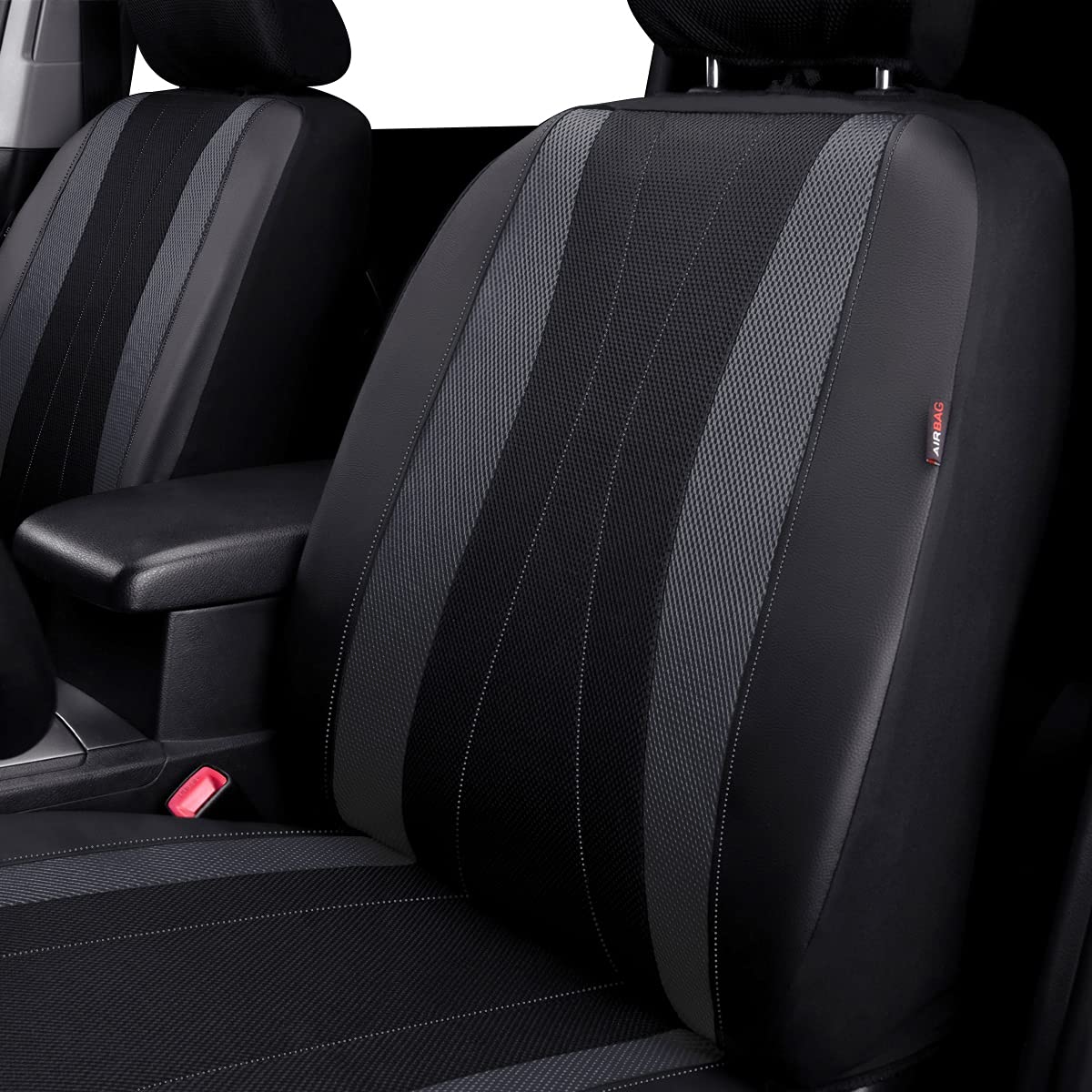 Flying Banner Car Seat Covers Full Set Faux Leather Air Mesh Breathable Man Lady Airbag Compatible Rear Bench Split 40/60 50/50 60/40 Truck Pick Up (Full Set -- Low Back, Black Gray)